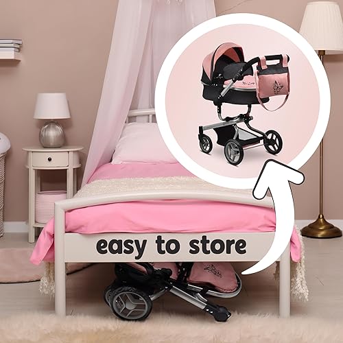 Miniatura 7 de Cochecito de muñeca convertible realista 2 en 1 con bolsa, cesta plegable de juguete con asa ajustable, ruedas giratorias, juego de simulación para