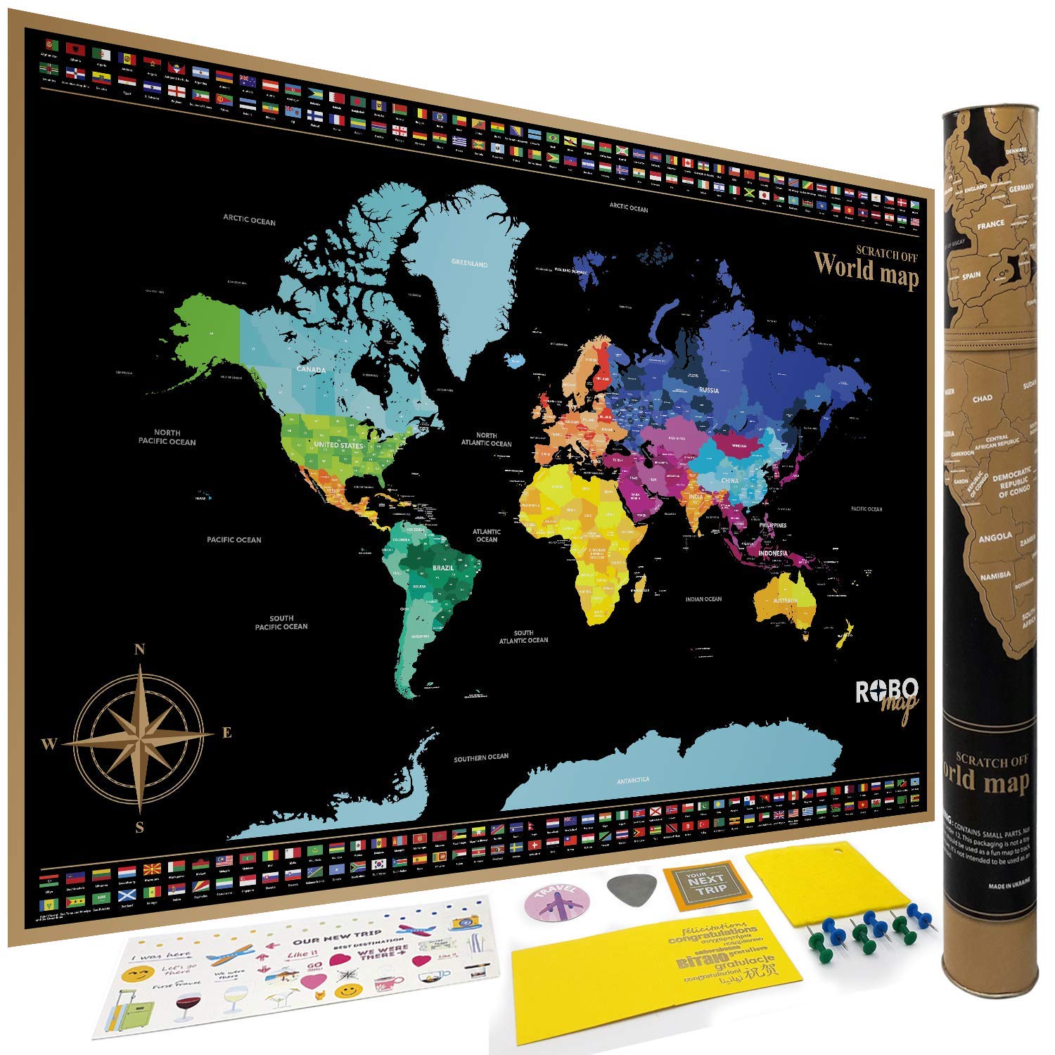 Premium XL Large Scratch off Map of the World for travellers | States outlined for USA, Canada etc | Country Flags | Best Quality Paper | Most Vibrant Colors