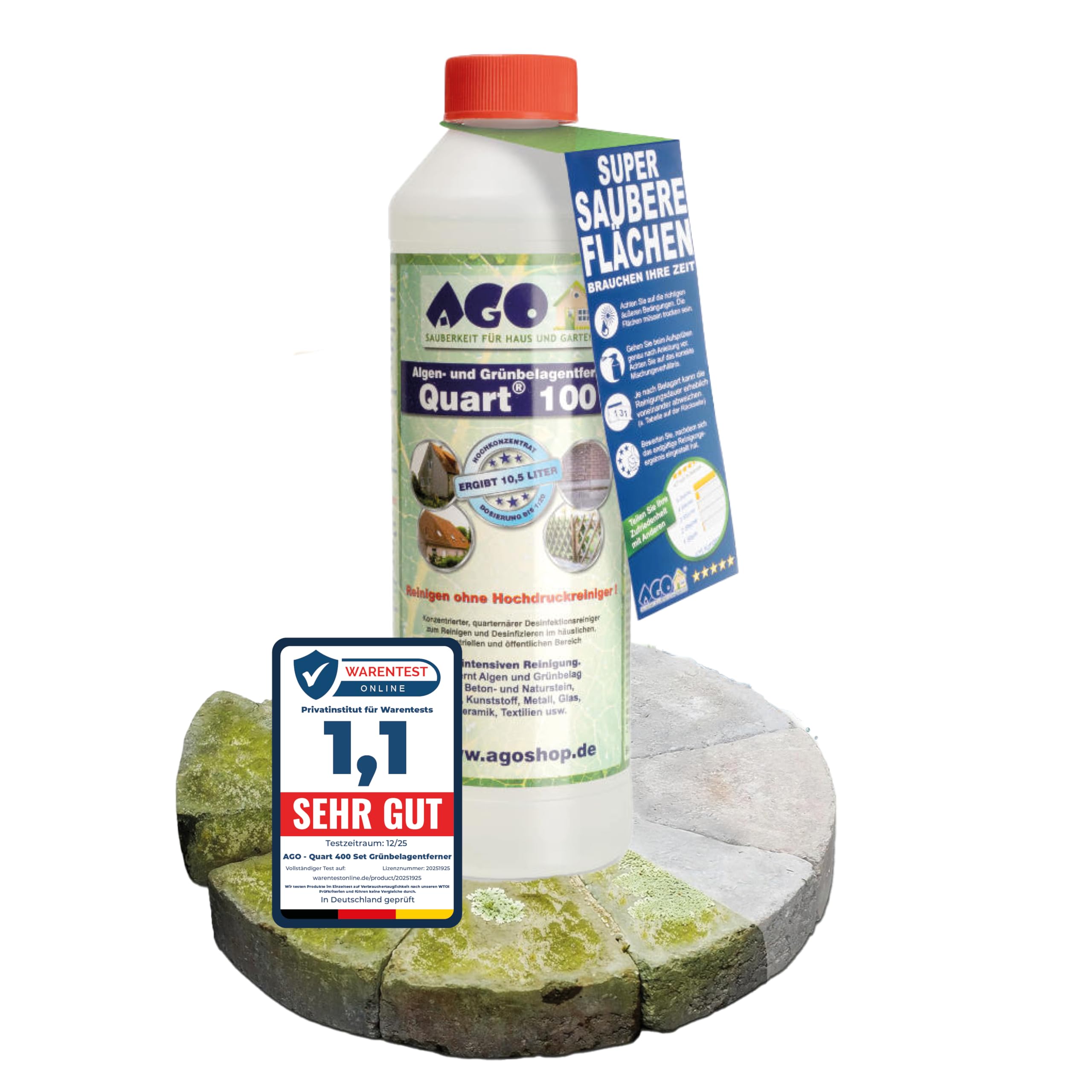 AGO Quart 100 Grünbelagentferner 500 ml - chlor- und säurefrei / 100 qm Algen und Grünbelag Entferner/Steinreiniger/Terrassenreiniger/Grünspan Entferner/Naturstein Reiniger