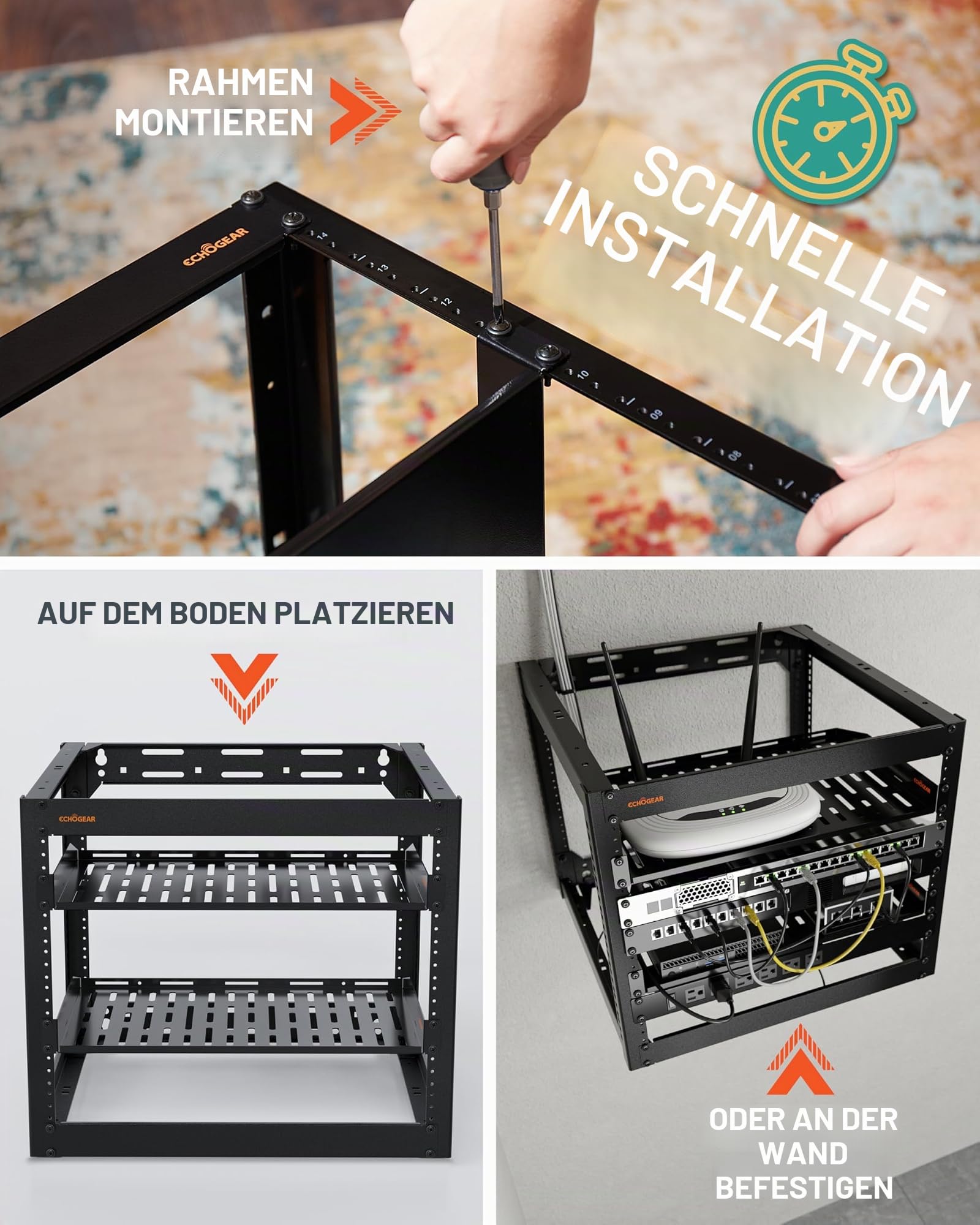 ECHOGEAR 10U Netzwerk-Rack, Wandmontage, Robustes 4-Pfosten-Design für alle Ihre Netzwerk- und AV-Geräte, offenes Rahmen-Design, inklusive 2 belüfteten 1U-Regalen und Montagezubehör