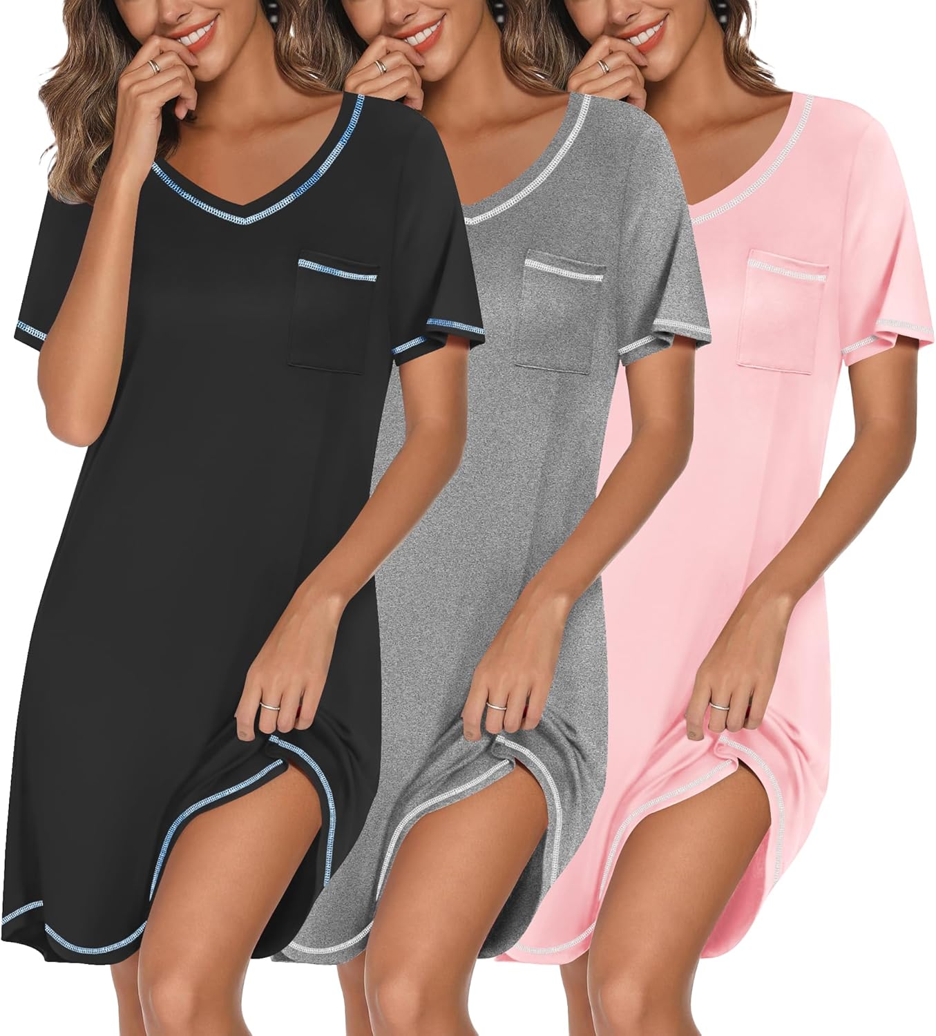 Ekouaer 3 Pack Nightgowns for Women Short Sleeve Sleep Shirts T Shirt Night Gown V Neck Nightshirts Soft Sleepwear Dress