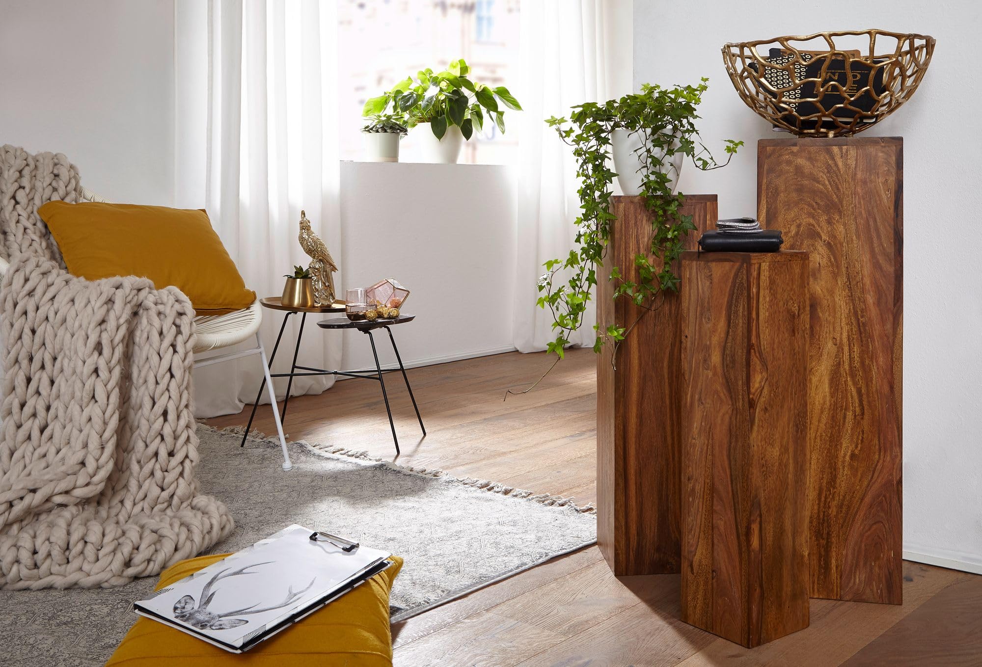 FineBuy Beistelltisch 3er Set Sheesham Massivholz, Säulentisch