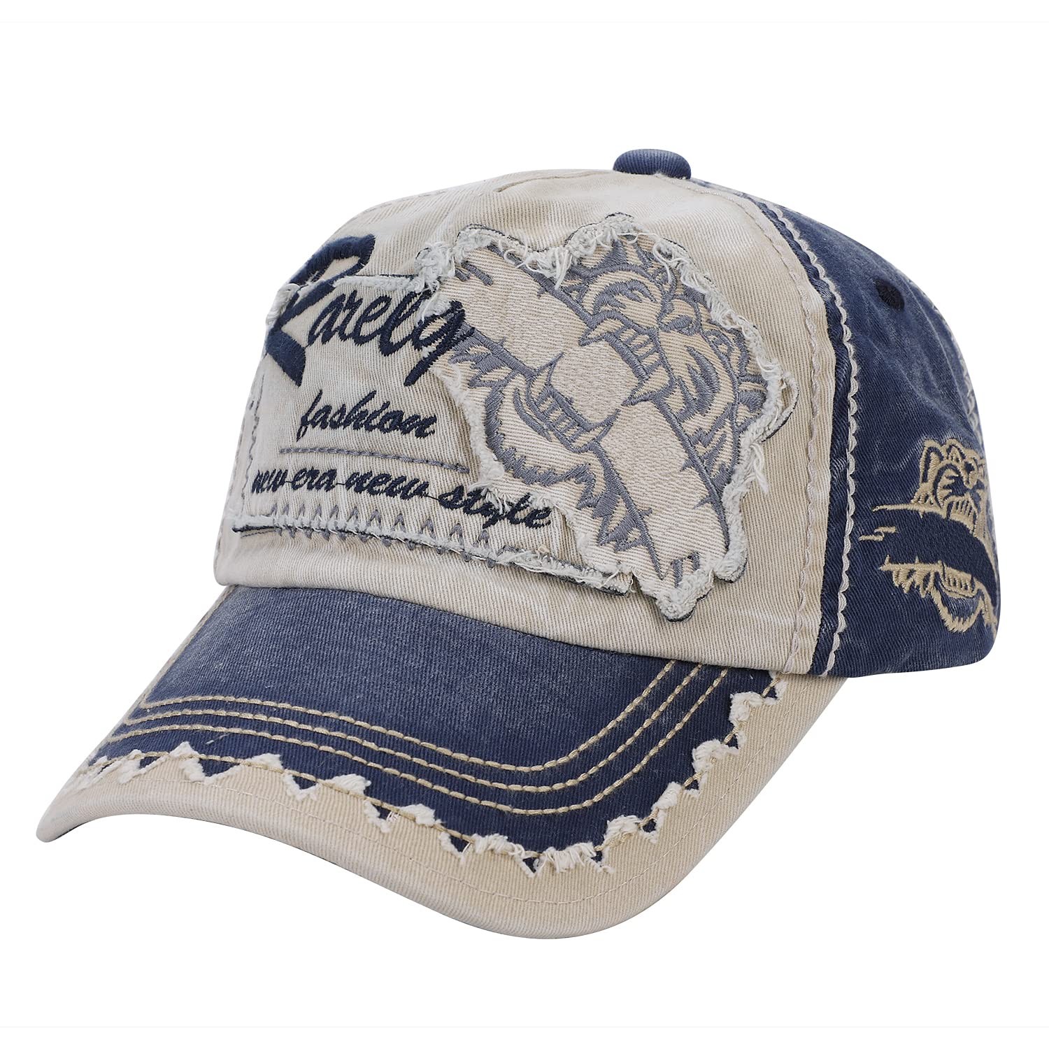 Xinchia Unisex Blue Vintage Cotton Baseball Cap Distressed Embroidery Peaked Cap Breathable Washed Edge Grinding Do Old Hat Outdoor Sports Sun Hat Headwear For Women Men Hiking Running Traveling Trekking Cap