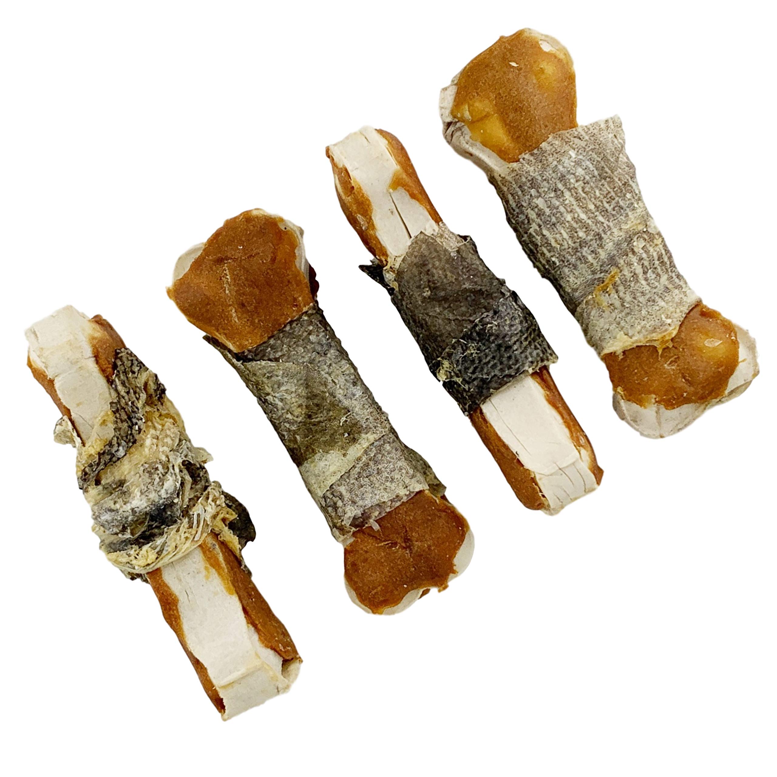 Snacks Perros Naturales, Golosinas Dentales para Perros Grandes Pequeños Medianos. Hueso de Ternera, Pato y Piel Seco de Bacalao. Larga Duración Omega 3. 4U.