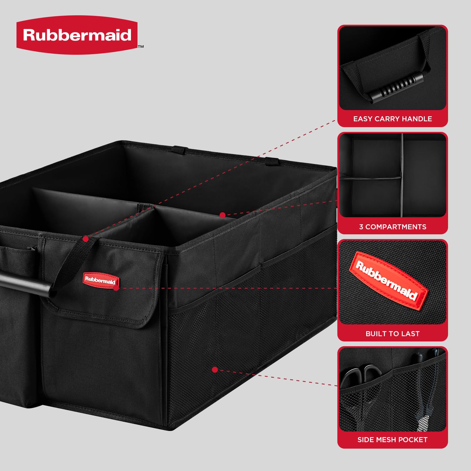 Rubbermaid Car Organizer Collapsible Trunk Organizer Multi-Compartment Car Storage Organization for Car Accessories 3 Compartments Without Cover 22 — view 3