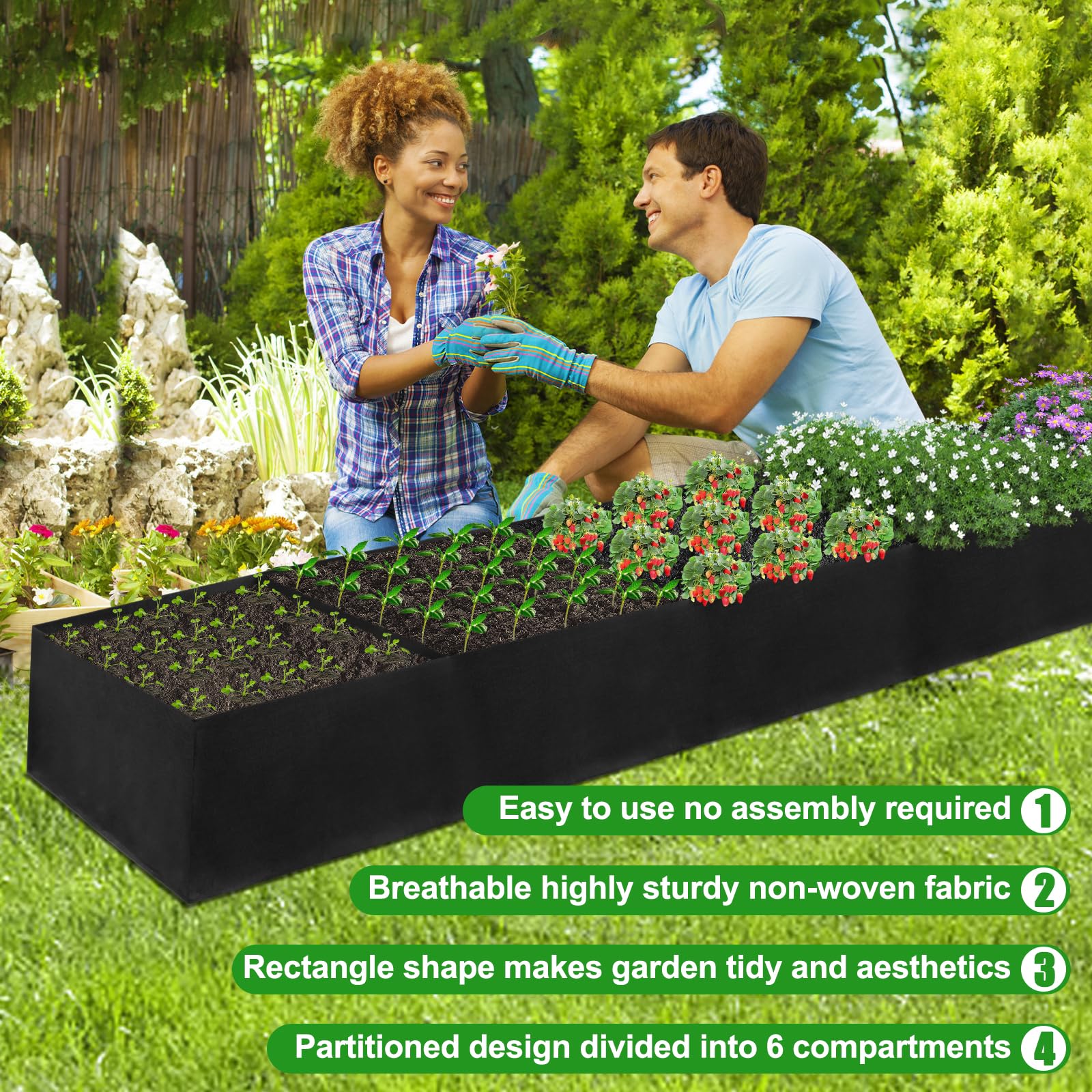 VZZNN Lot de 2 parterres de jardin surélevés en tissu non tissé de 3,7 x 0,6 x 0,3 m – 6 grilles pour cultiver des herbes, des fleurs et des légumes