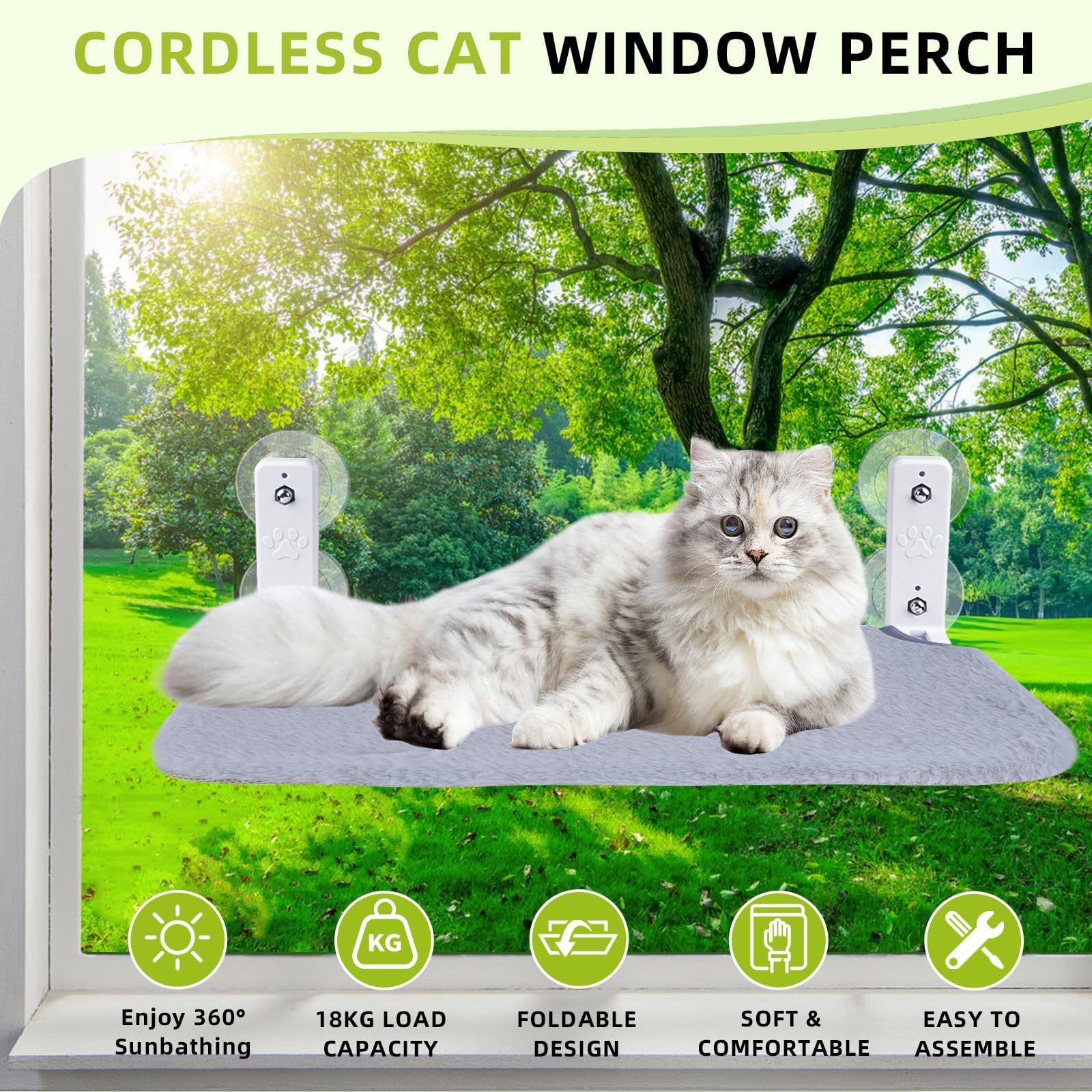 Hamac pour Chat pour fenêtre - 45 x 30 cm - Lit en Peluche - Pliable et Stable - 4 ventouses puissantes jusqu'à 18 kg (Gris-L)