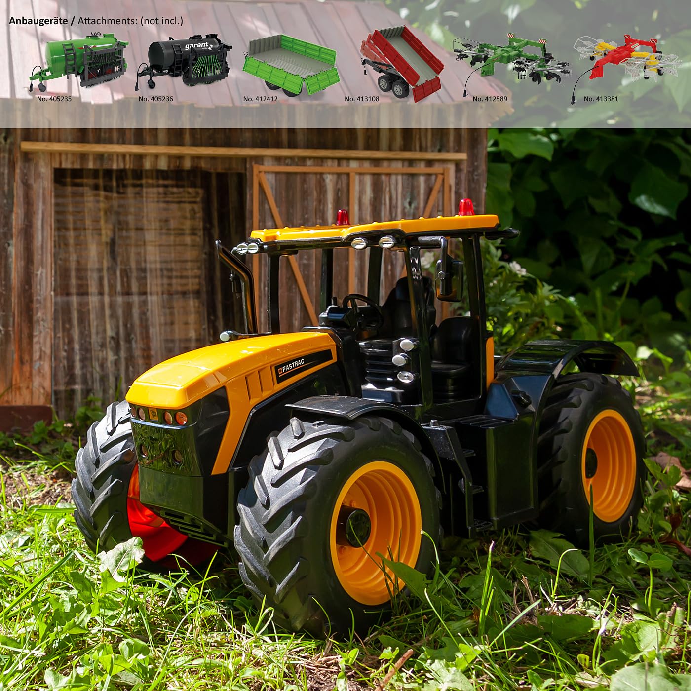 JAMARA Fastrac Traktor 1:16 2,4GHz – Motorsound (abschaltbar), Rückfahrwarnsound, Hupe, 2 Radantrieb, profilierte Gummireifen, LED Licht, Blinker, Auto-Standby und Demo-Modus, 405300, Gelb