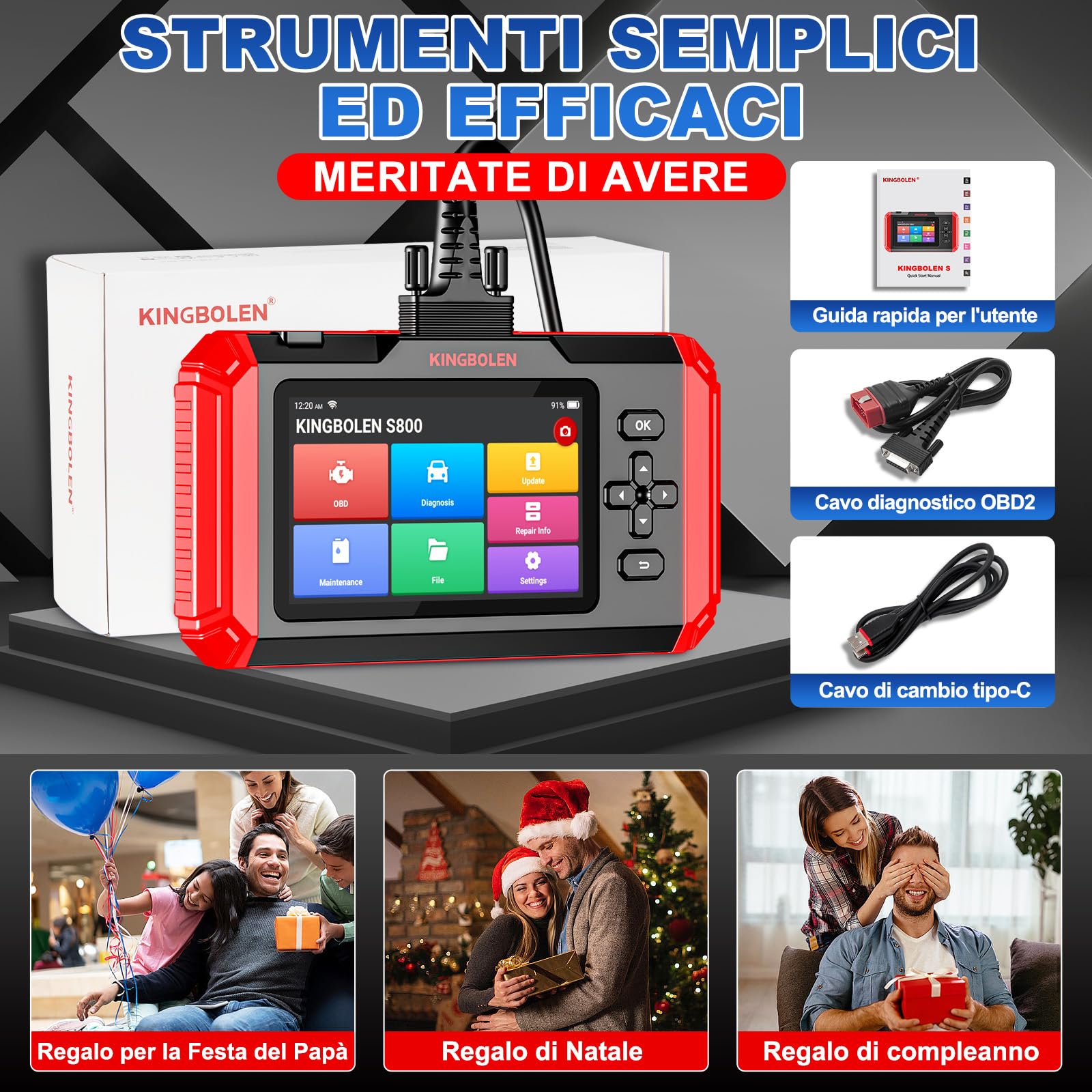 KINGBOLEN Diagnostica Auto Italiano,S800 OBDII Diagnosi Automatica 4 Sistema di diagnosi (ABS + SRS + ECM + TCM) e 15 Servizio di Manutenzione (Olio+Dpf Iniettore Codifica+BMS) Aggiornamento WiFi