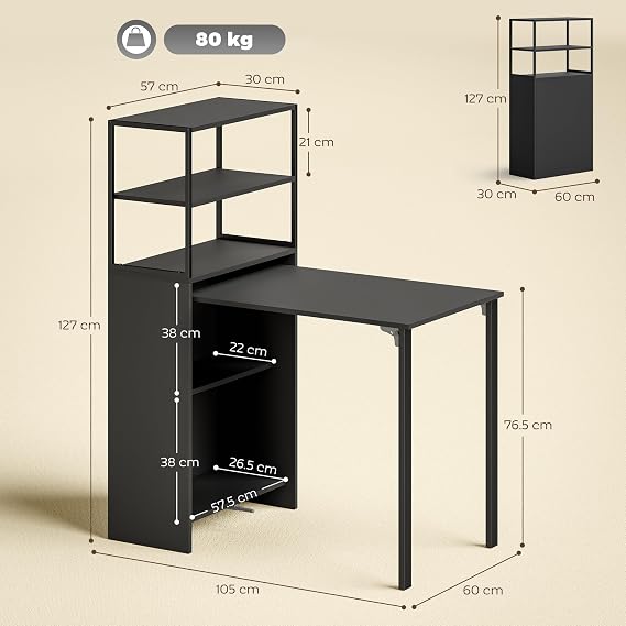 HOMCOM Folding Computer Desk with 4-Tier Bookshelf Study Table, Black