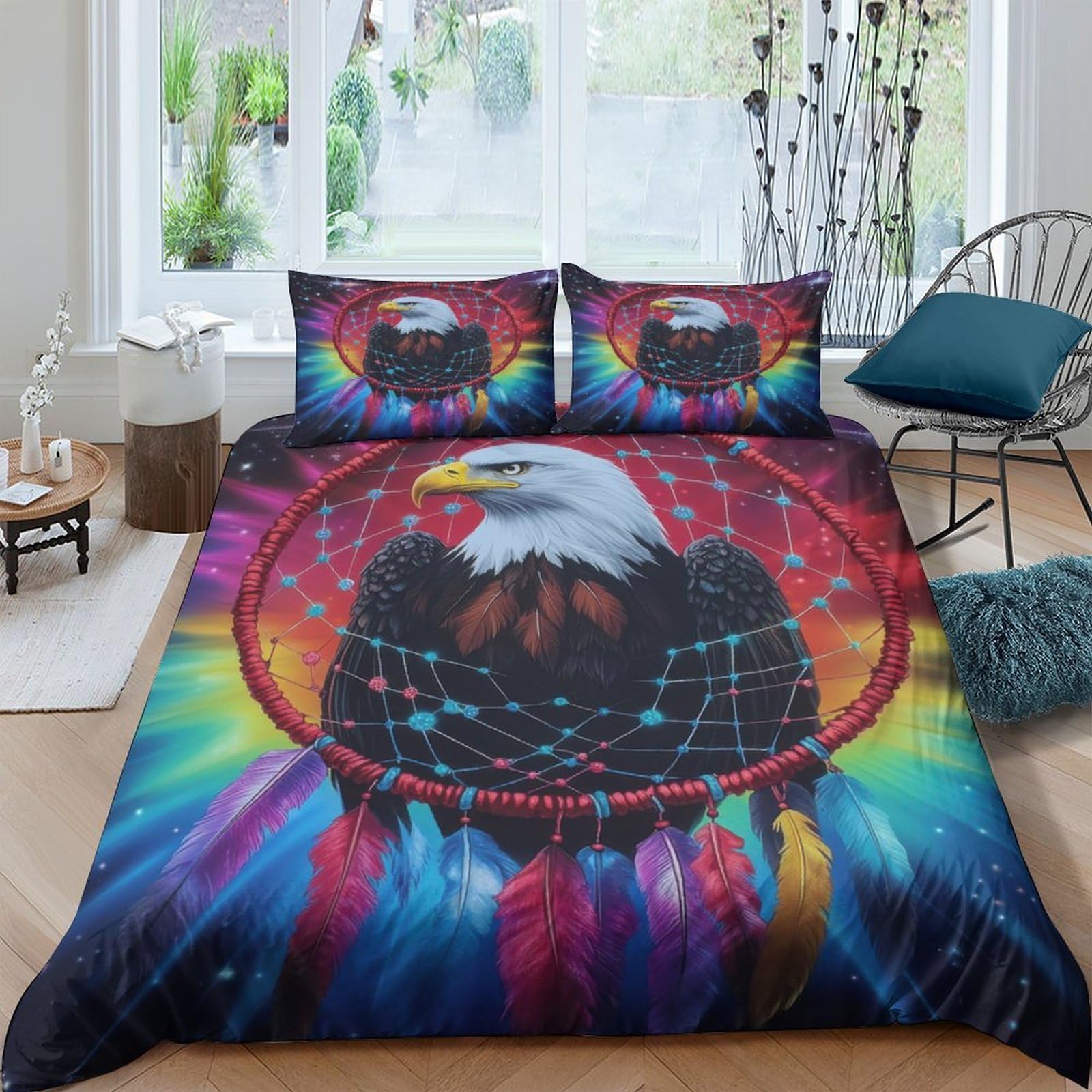 Ctjqhvkz Style-2 3D Printed Dreamcatcher Eagle Fitted Sheet Microfiber Colourful Feather Bed Cover For Bedroom Dorm Mattress Decor Single（135X200cm）