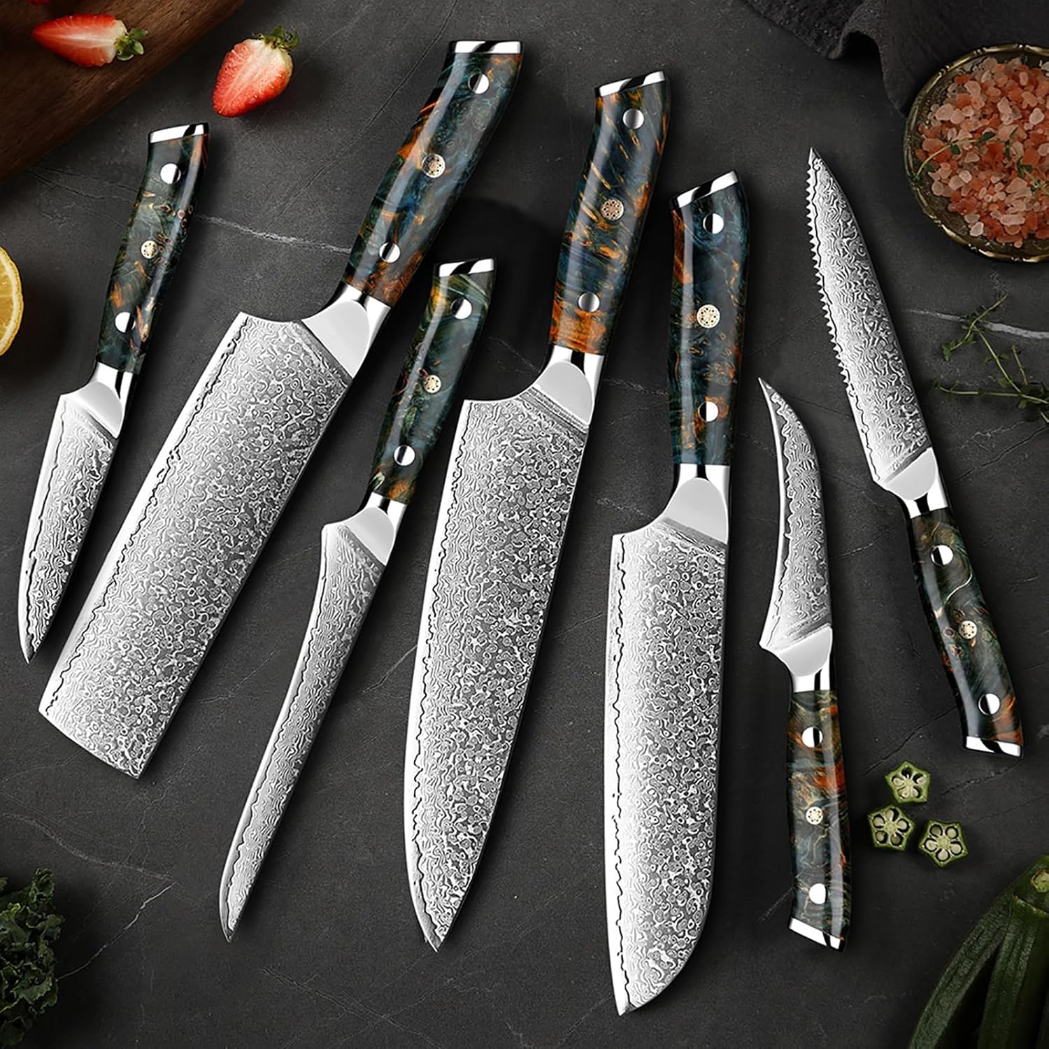 Kitchen Knife Block Set 7-Piece Damascus Kitchen Knife Set 67-Layer Japanese VG10 Steel - Chefs Cleaver Knife Steak