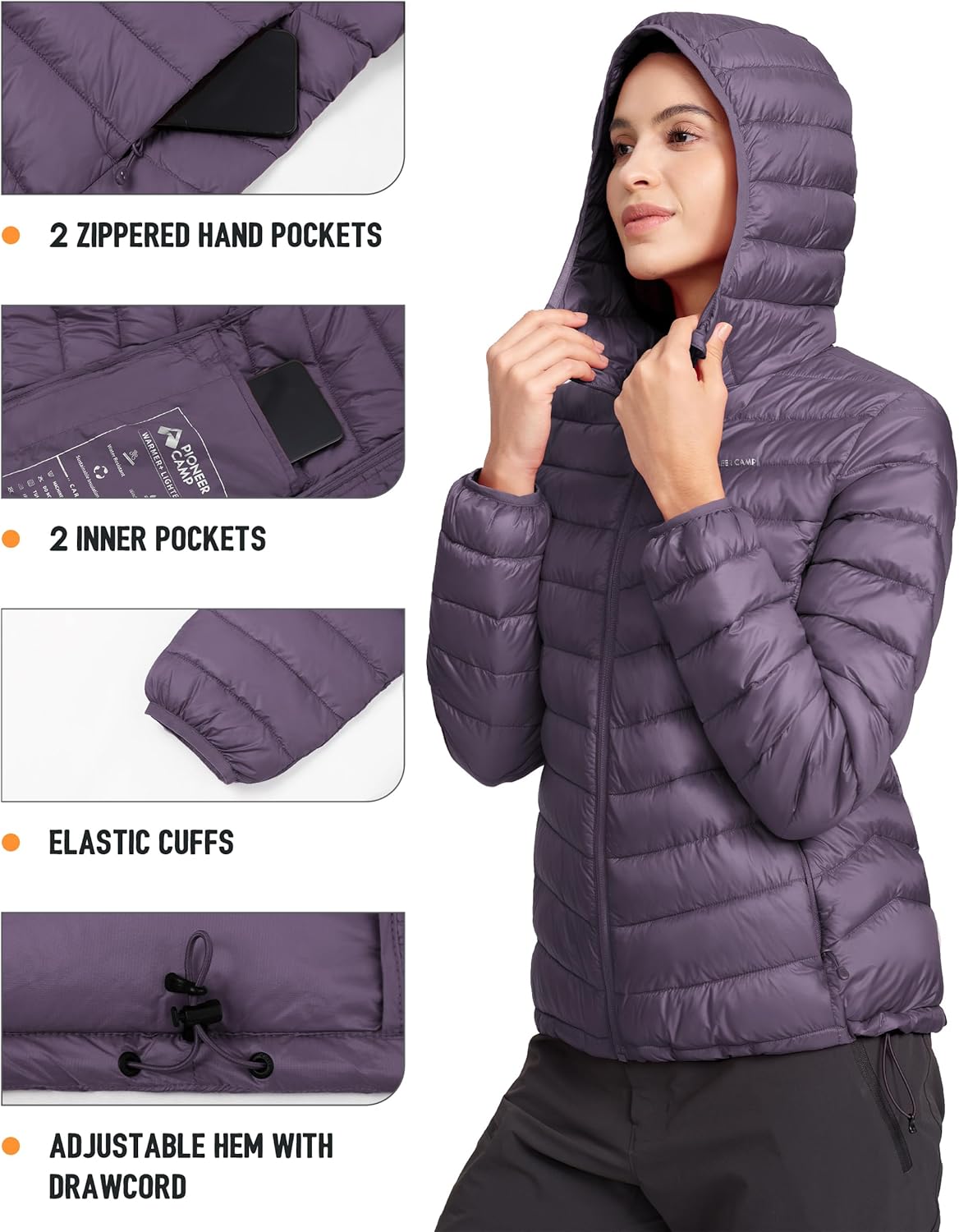 Pioneer Camp Women's Packable Puffer Jacket Winter Light Weight Water-Repellent Quilted Coat with Hood - Image 5