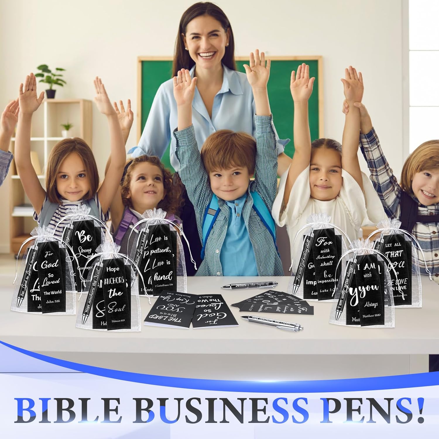 200 Pcs Christian Gifts for Women Christian Accessories Include 50 Bible Verses Notebooks 50 Church Bookmarks 50 Scripture Pens 50 Organza Bags for Church Motivational Gift(Black,White) - Image 7