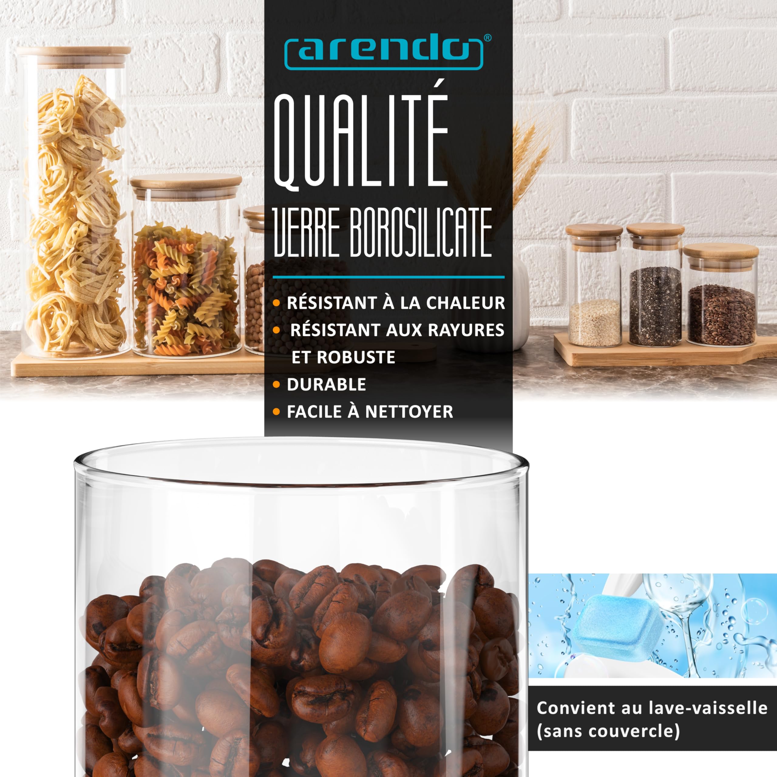 arendo - Set de 3 Récipients en Verre Hermétique Rond, Tailles de 10 x 28 cm / 2,1 litres, Verre borosilicate Boîte Conservation Alimentaire, Couvercle en Bambou, Joint en silicone