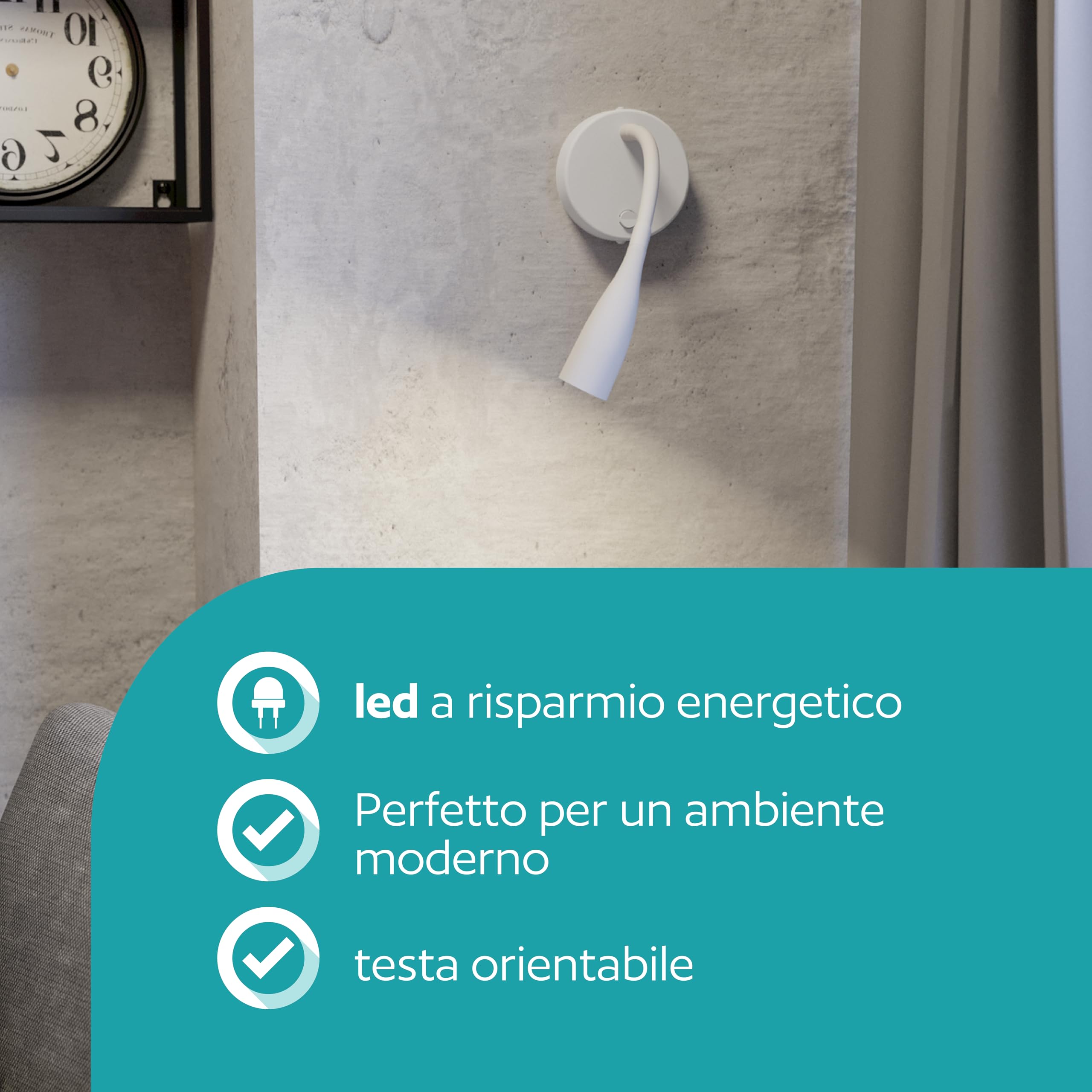 Eglo Lampada da parete a LED Olivandino, a collo di cigno, luce da lettura a muro, per camera da letto, con interruttore, in metallo e plastica bianca, colore luce: bianco caldo