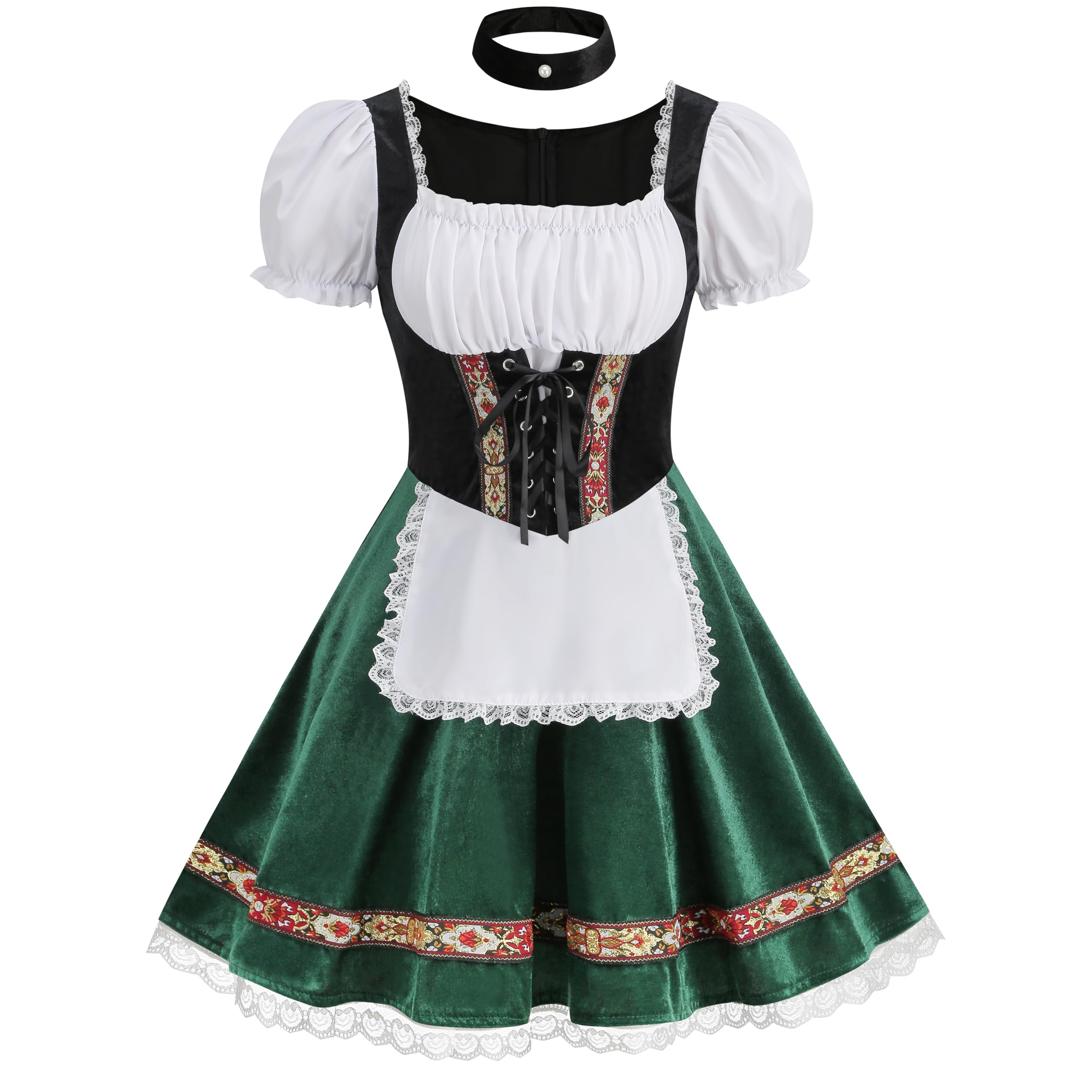 HAPNBCELE Women Oktoberfest Costume Adult German Bavarian Dirndl Velvet Puff Sleeve Green Beer Dress Halloween Carnival Cosplay XL