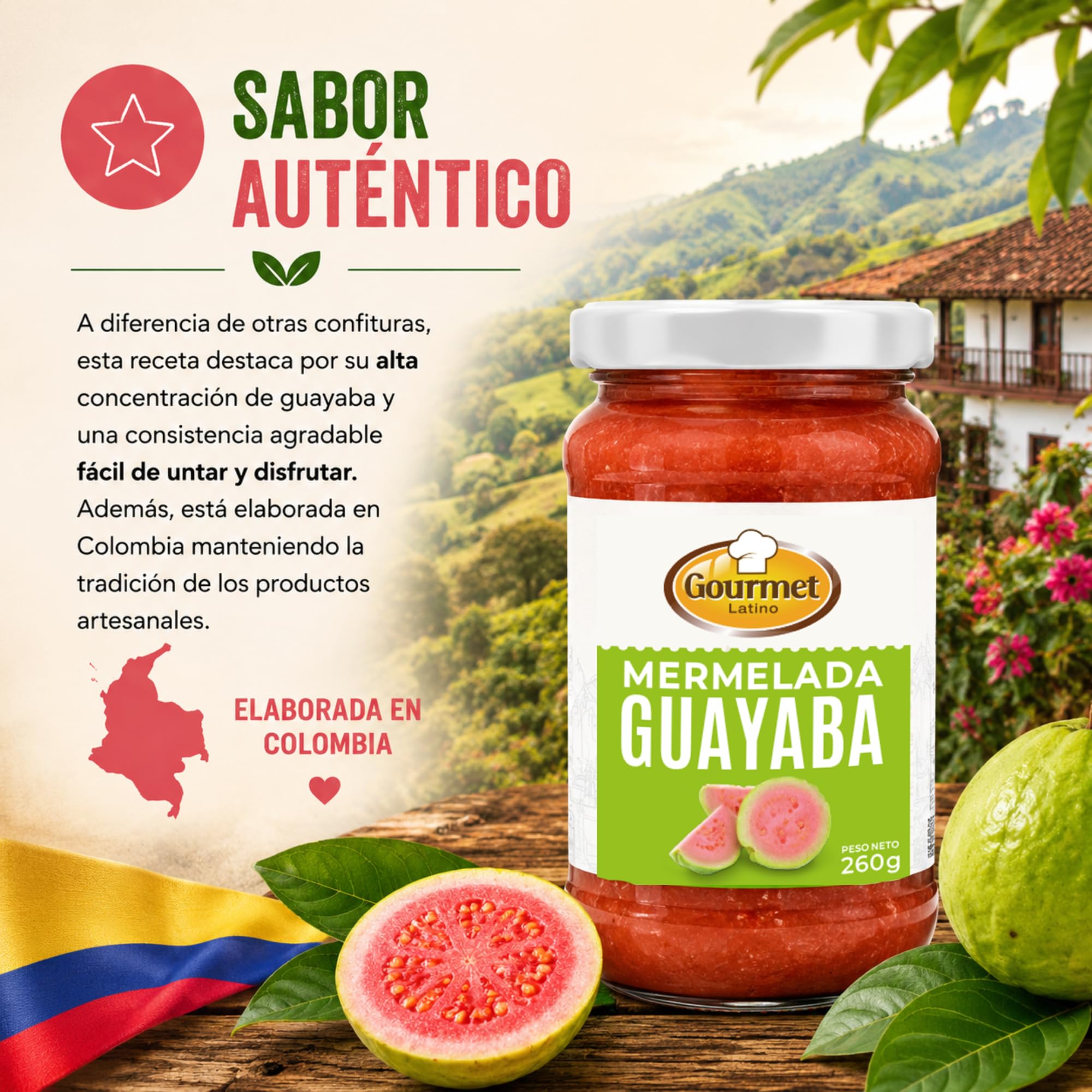 Gourmet Latino - Mermelada de Guayaba - 260 g - Ideal para Desayuno o Meriendas - Sabor Tropical Auténtico - Alto Contenido en Hidratos de Carbono