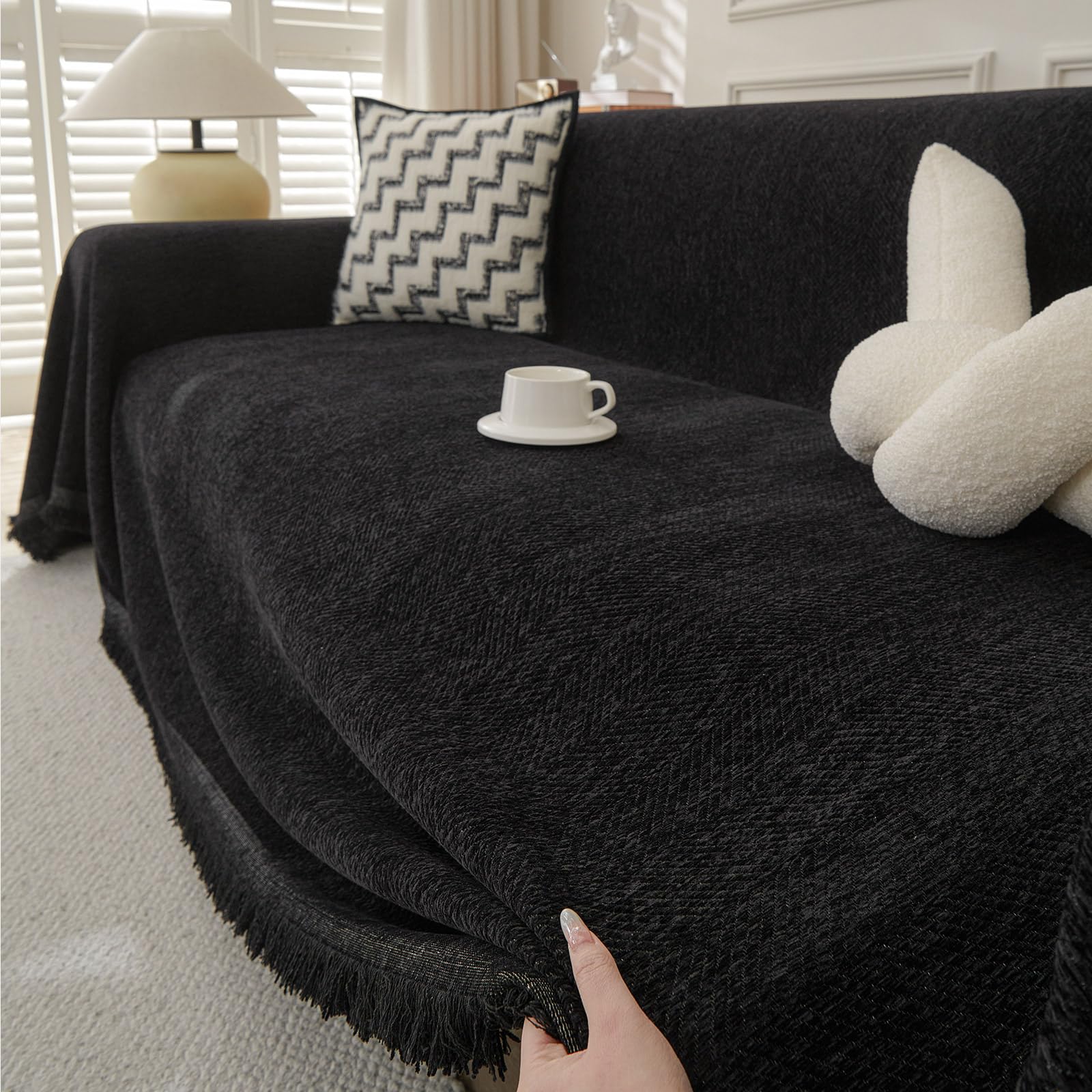TAOTAOGO Chenille Sofa Large Throw Blanket For 2 3 Seater Extra Large Throws for Sofa, Soft Throw for Chair Couch and Bed Throw C Black 230x300 โ image 1