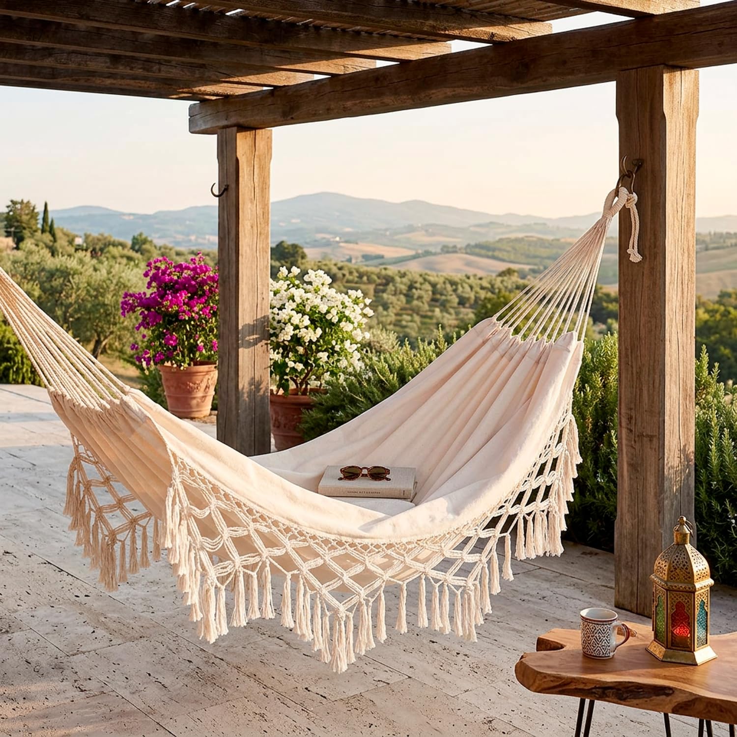BRICOZONE Amaca Matrimoniale da Giardino in Cotone e Poliestere con Frange Decorative Boho Chic Portata 250 Kg 240 x 150 cm Beige