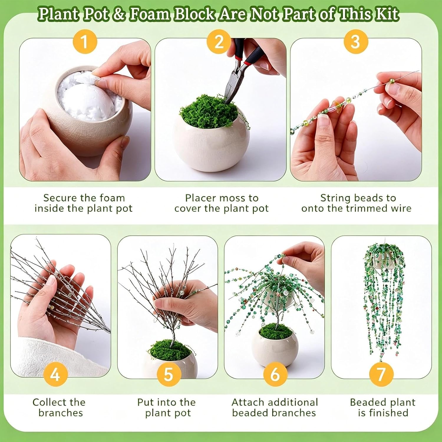 PYJNEON 5500 Pcs Beaded Plant Kit, Green Glass Beads for Forever Plant Making with Hanging Chain and Rattan Basket, Leaf Beads for DIY Craft, Jewelry Making and Home Decor(5500pc)
