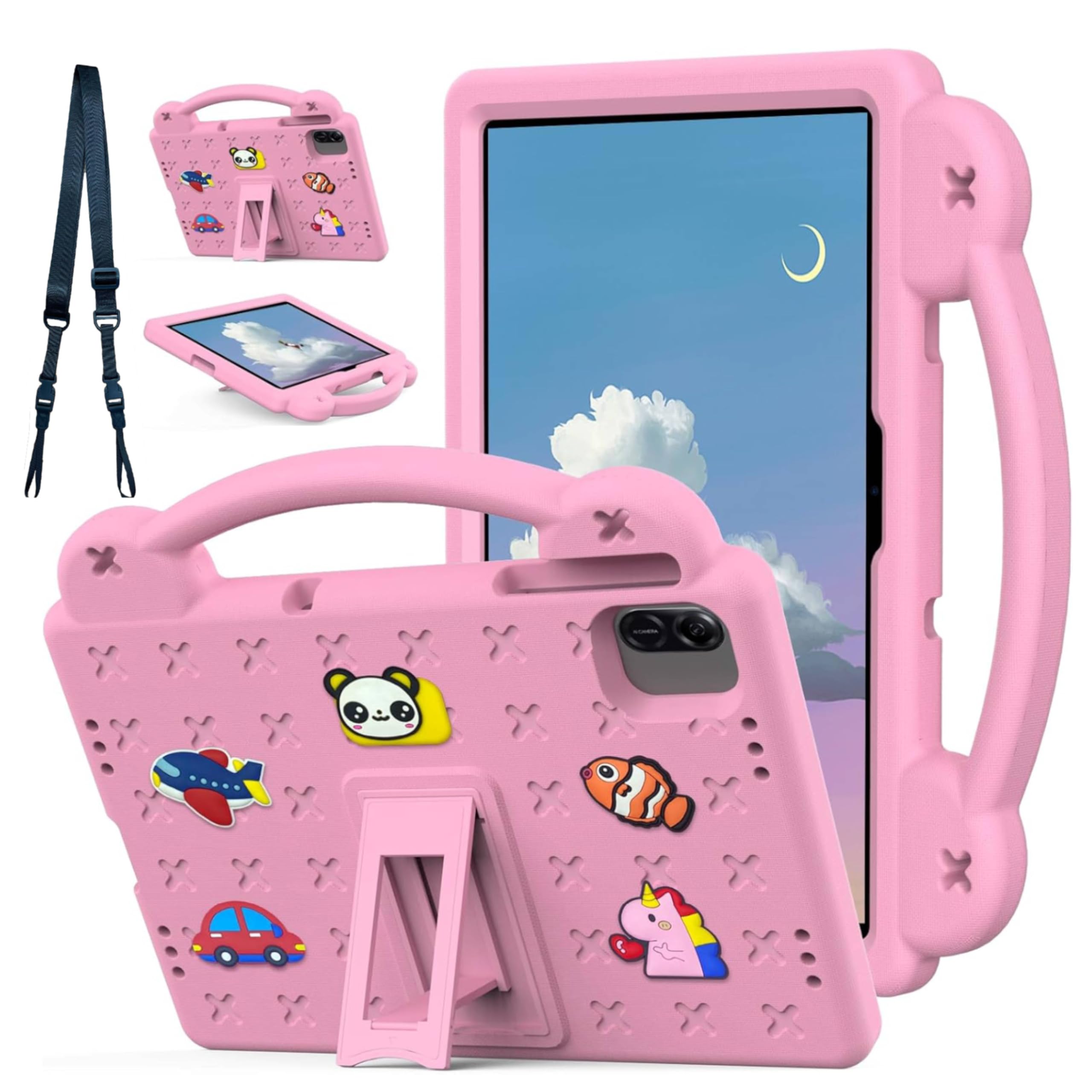 Vurtboly Kids Case Compatible with Honor Pad X8a 11Inch 2024, Cute Full Body Protective Cover with Handle Stand, Lightweight Shockproof Cover with Shoulder Strap Kickstand for Honor Pad X8a (Pink)