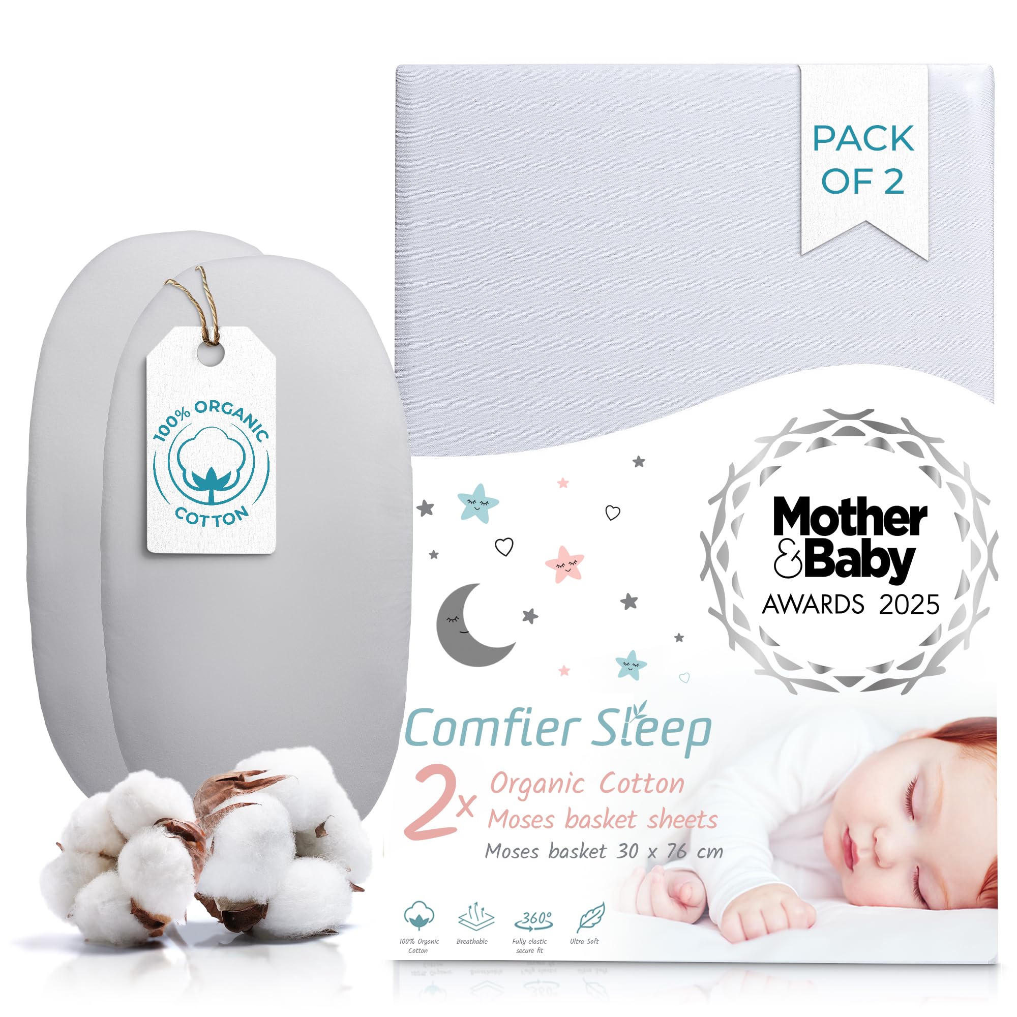 Next To Me Crib Sheets 51x85cm – Award-Winning 2 Pack Organic Cotton White Bedside Crib Fitted Sheets – Soft Breathable Tutti Bambini CoZee Fitted Sheets for Daily Use — view 11