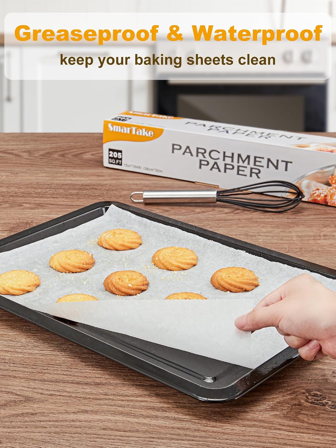 SMARTAKE 2-Pack Parchment Paper Roll, 15 in x 164 ft, 410 Sq.Ft Baking Paper with Metal Cutter, Non-Stick Baking Paper Sheets, Waterproof, for Cooking, Air Fryer, Grilling, Steaming (White)
