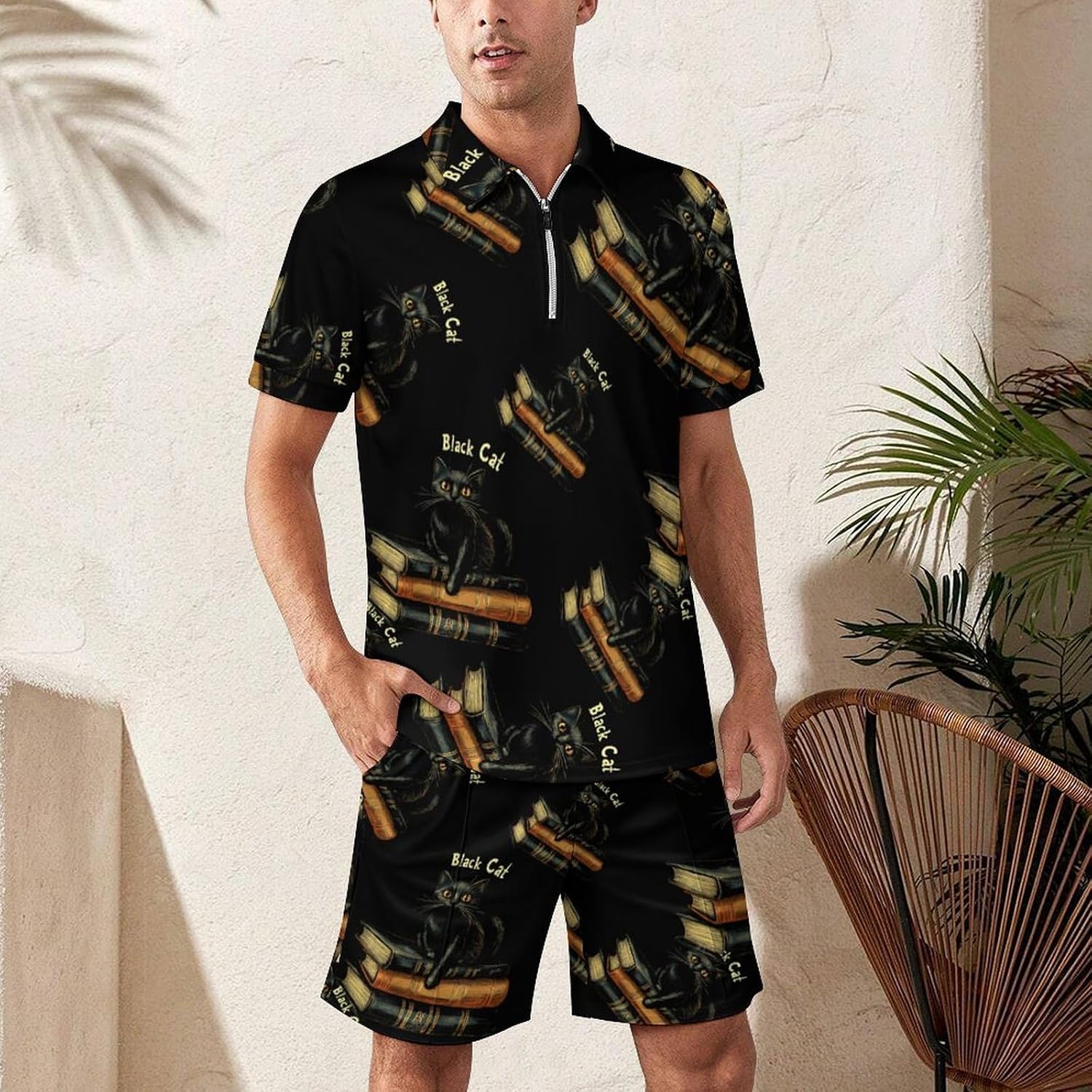 Black Cat Book Mens Polo Shirts Track Suits 2 Piece Short Sleeve Sweatsuit 1/4 Zip Golf Loungewear for Sports