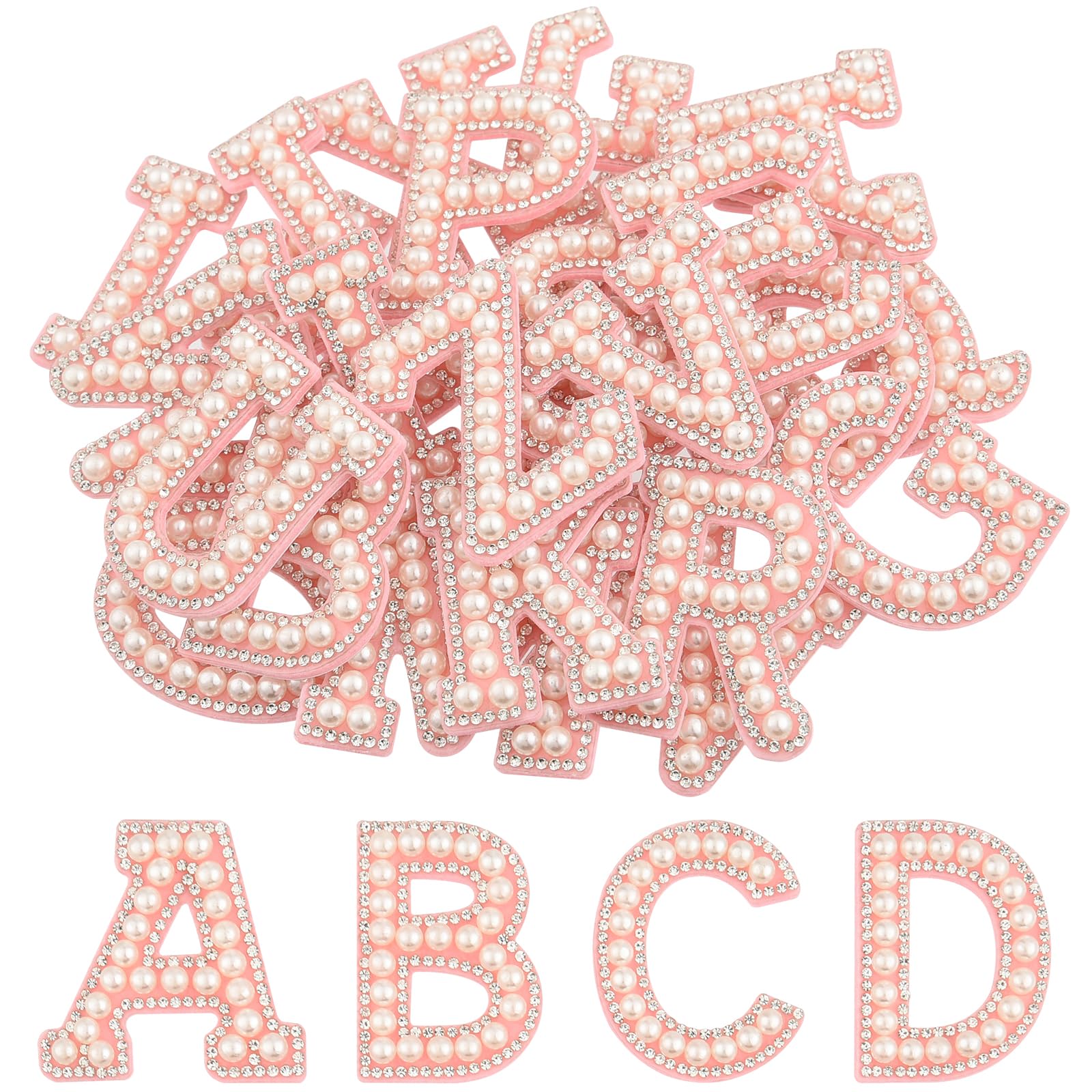CHRORINE 26/52/78 Pcs Self Adhesive Pearl Rhinestone Letter Patches A-Z, Pearl Letter Alphabet Stickers for Hats, Clothes, Pants, Bags (52, Hot Pink, Height 1.9″)