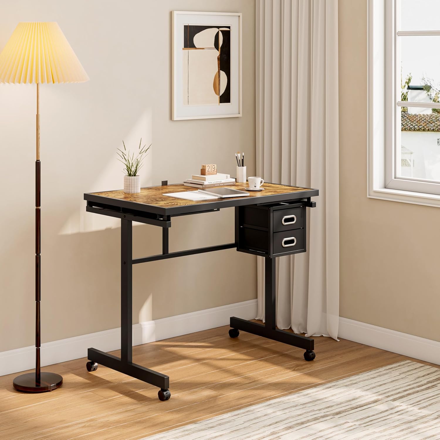 GDFStudio 1000 Pieces Jigsaw Puzzle Table with Cover, Adjustable Puzzle Board with Legs & 4 Wheels, Portable Tilted Puzzle Desk with 2 Drawers and 4 Felt Storage Trays for Adults, Metal Frame, Black