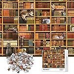 Cats Library Jigsaw Puzzle, 1000+ Piece Funny Kitten Bookshelf Puzzles, Challenging Animal Pet Lover Gifts for Friends & Family Activity Game Nights