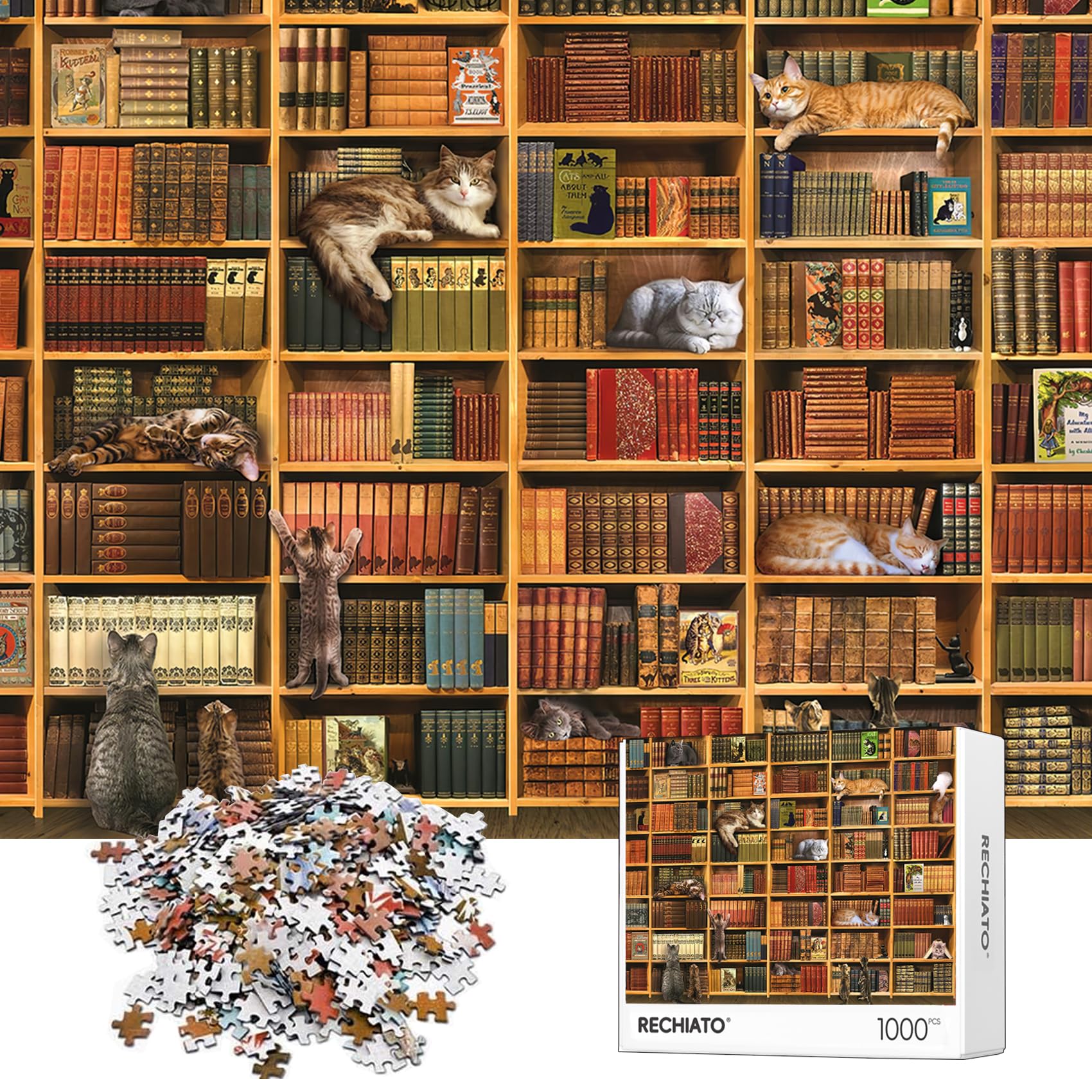 Katzen-Bibliothek-Puzzle, 1000+ Teile, lustiges Kätzchen-Bücherregal, herausfordernde Tierliebhaber, Geschenke für Freunde und Familie, Aktivitätsspielabende