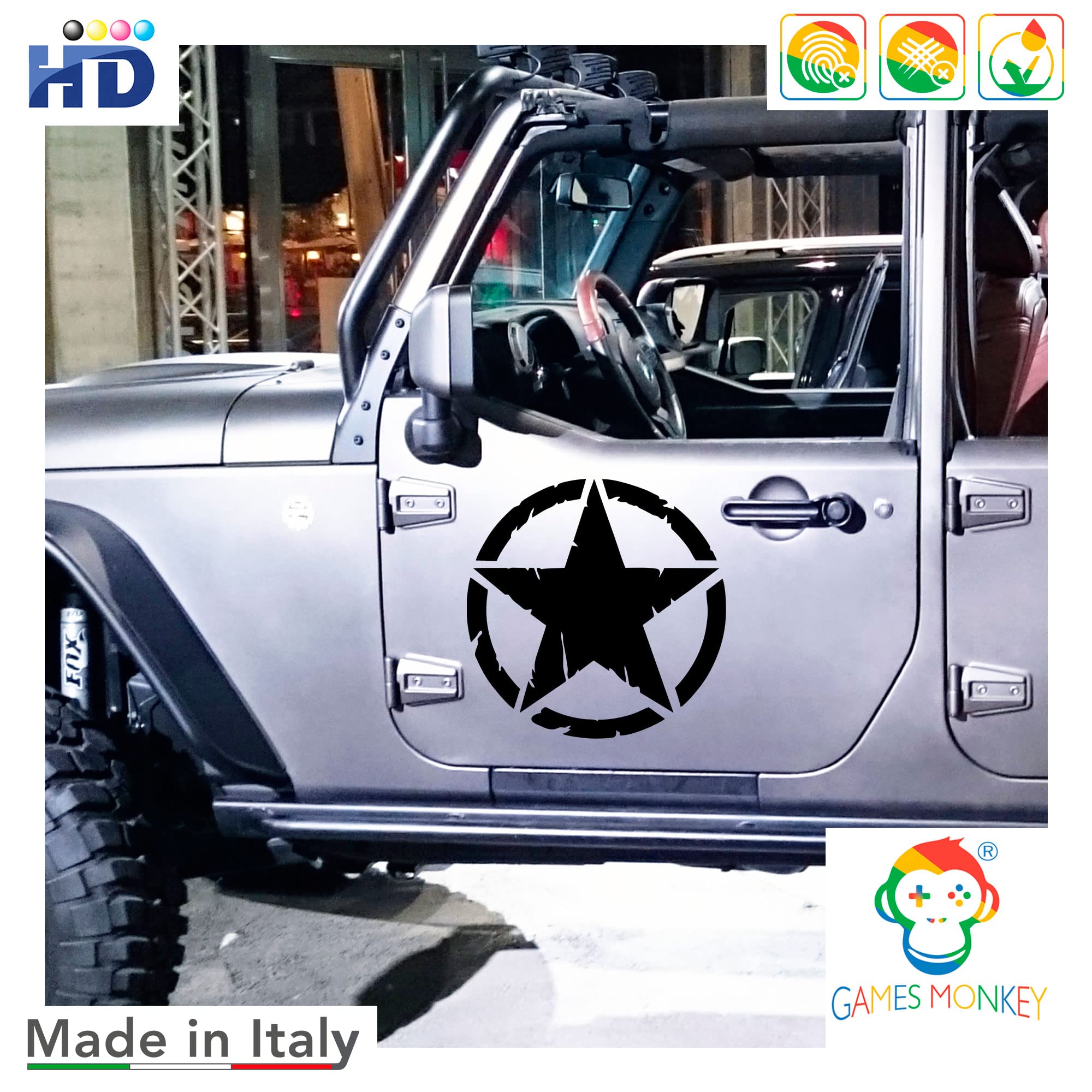 Pegatina Estrella Militar Destroyed US Army - Kit de Formas Pack - 2 Piezas - Moto 4x4 Off Road Auto - Varios Tamaños 5 10 15 20 25 30 cm - Made in Italy (20 cm, Negro) — view 2