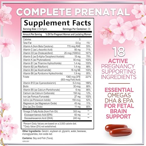Miniatura 2 de Hello Lovely! Multivitamínico prenatal para mujer con ácido fólico y DHA, vitaminas prenatales con folato, omega 3, vitaminas D3, B6, B12 y hierro,