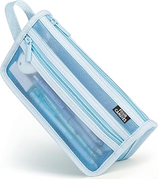 Four Candies Grid Mesh Pencil Case with Handle and Zipper, Clear Double-layer Pencil Pouch Marker Pouch, Travel Makeup Bag, Cute Transparent Stationary Organizer Pen Bag for Adult Office College