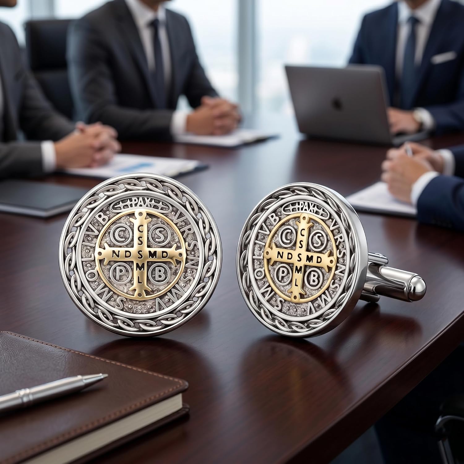 St. Benedict Medal Cufflinks for Men S925 Sterling Silver Saint Benedict Cuff Links Mens Wedding Father's Day Jewelry Gifts for Men