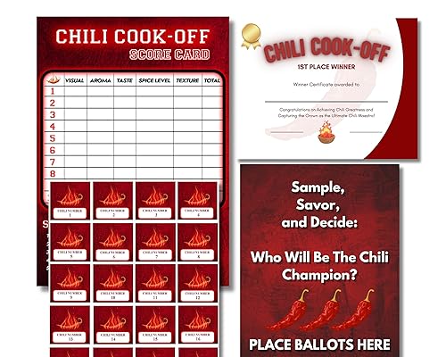 Chili cook score cards for competition scorecard for chili cook-off party, voting ballots, all in one bundle - Chili scorecards, chili labels,