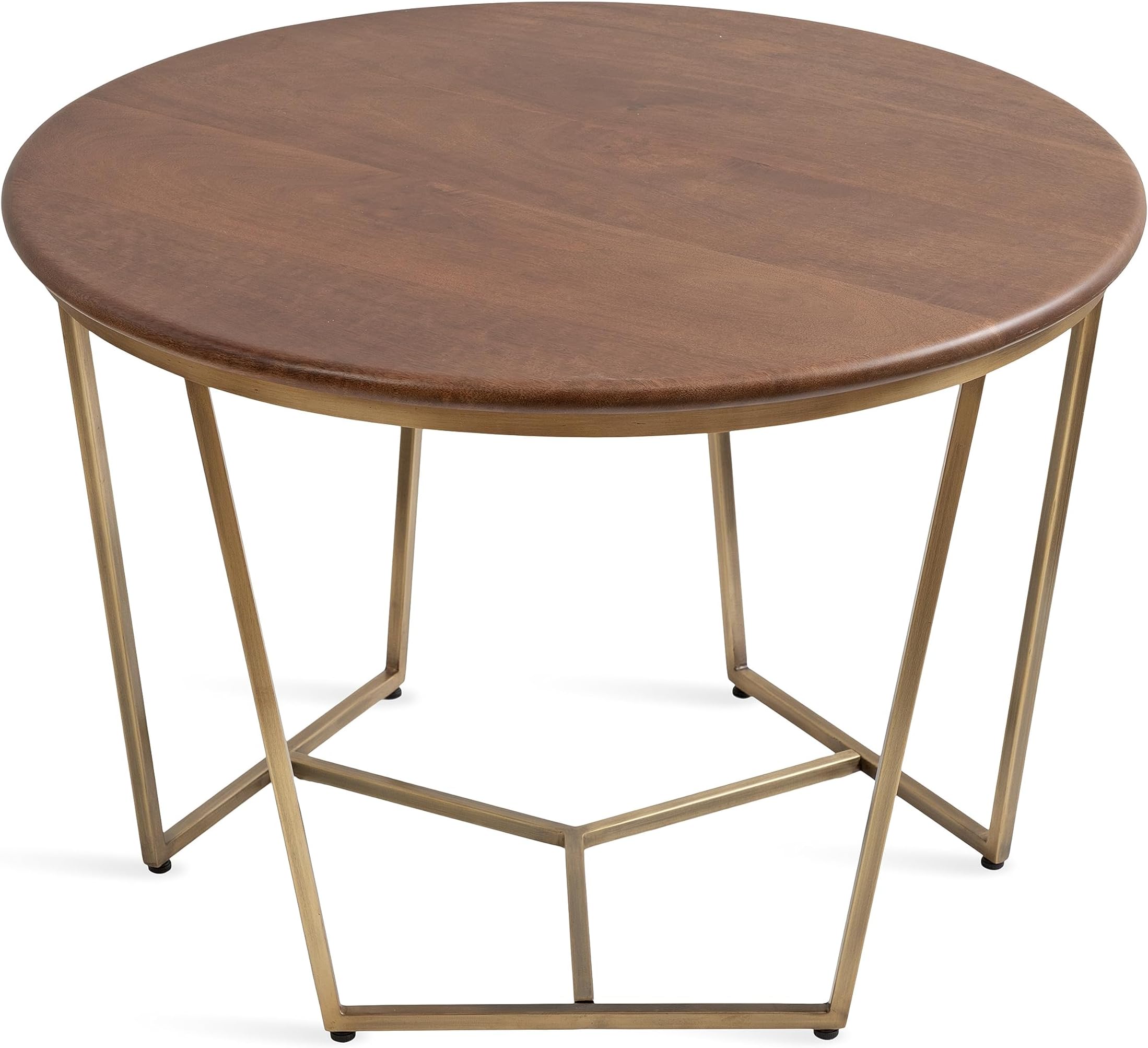 Kate and Laurel Solvay Mid-Century Round Coffee Table, 26 x 26 x 18, Walnut Brown and Antique Brass, Sophisticated Modern Circle Table for Storage and Display