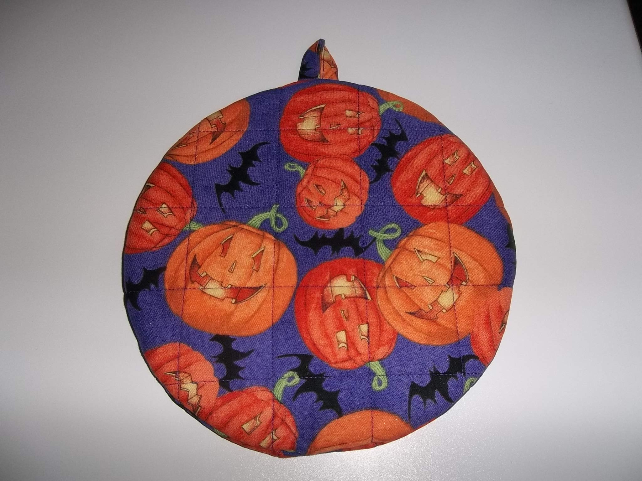 Quilted Halloween Pot Holders Happy Pumpkin and Black Bats Heat Resistant Handmade Double Insulated Hot Pads Trivets 9 Inches Round