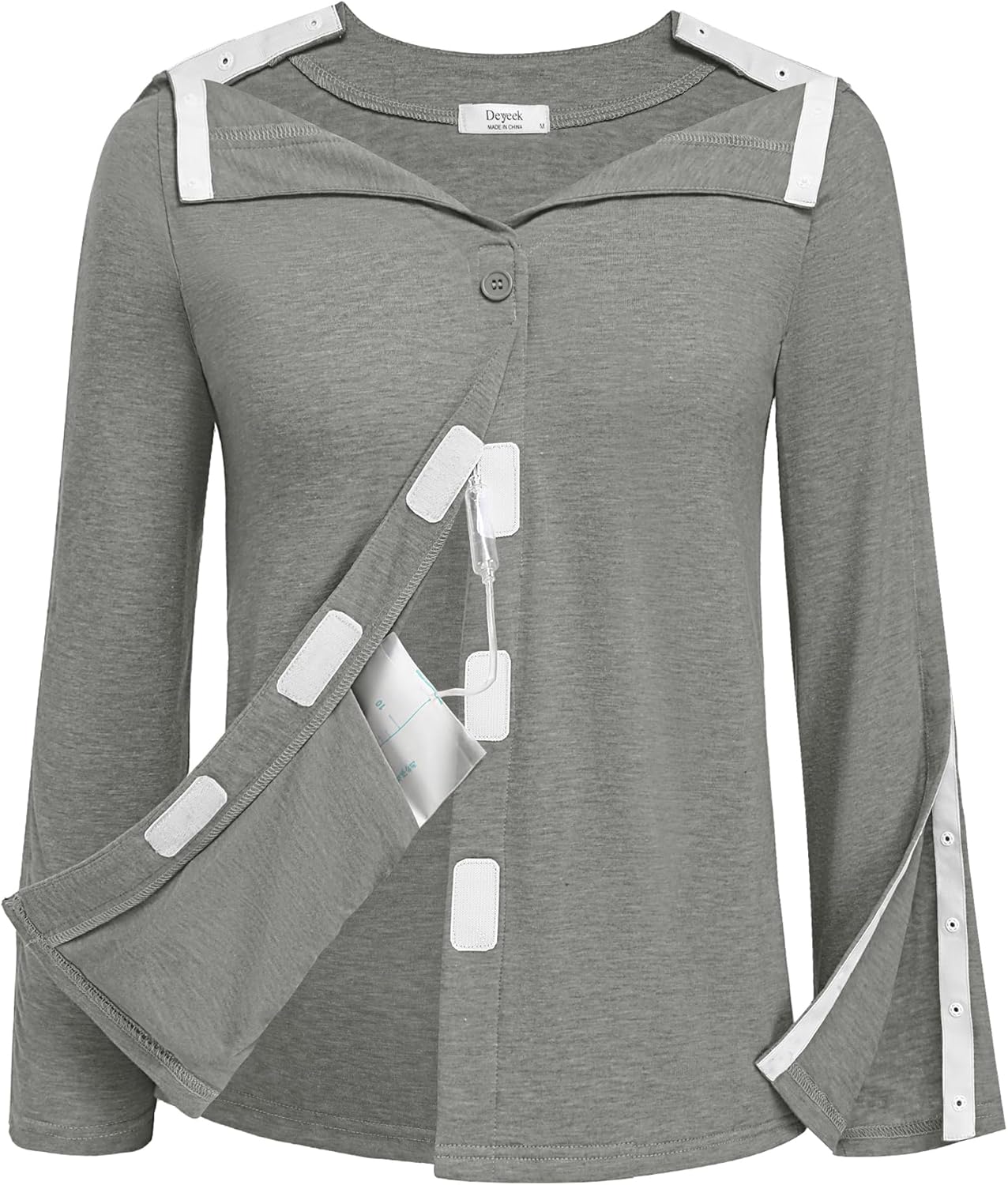Deyeek Mastectomy Shirts with Drain Pockets Tear Away Side Snap Post Shoulder Surgery Shirts Women Chemo Port Dialysis Shirt