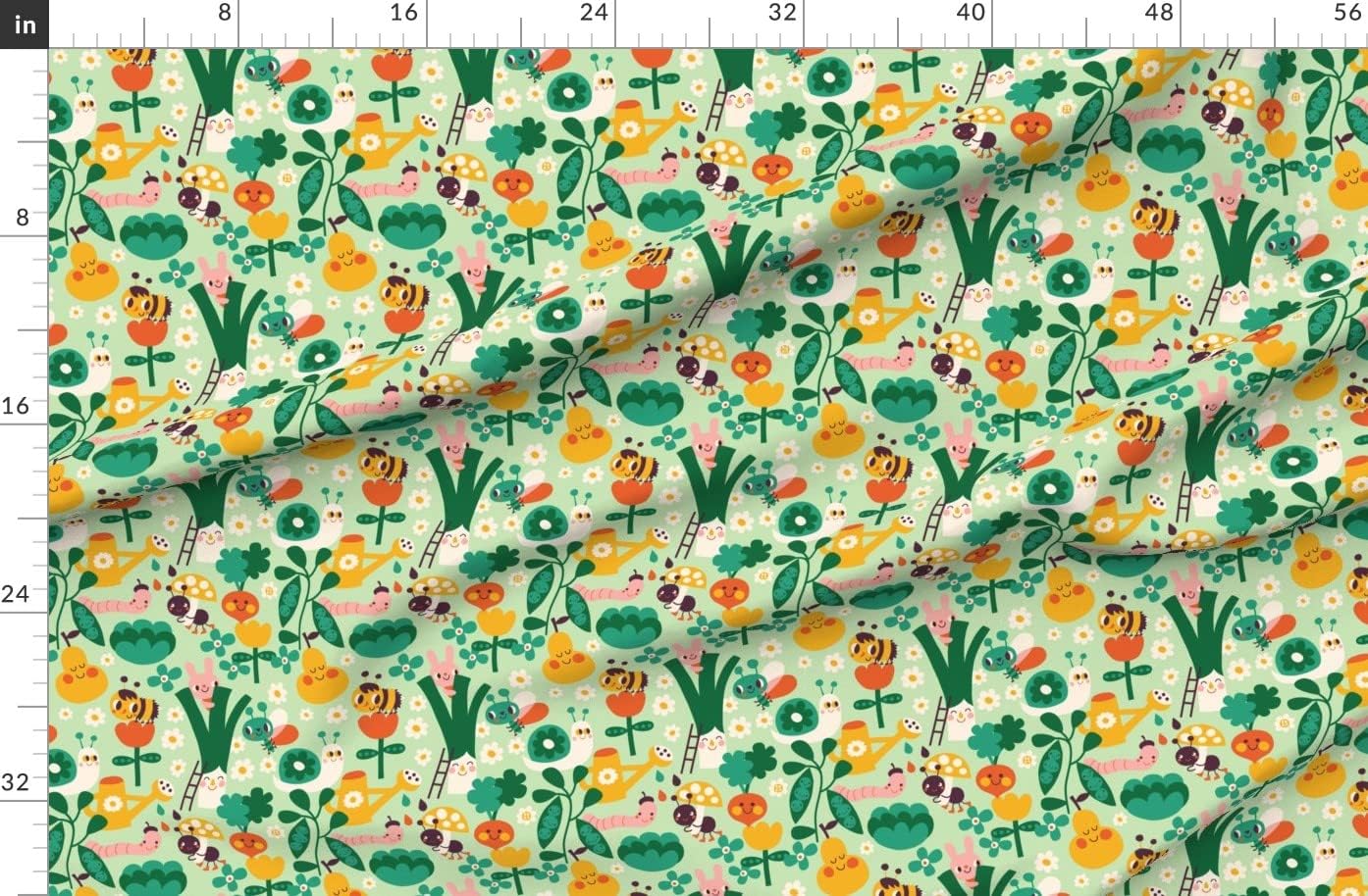 Spoonflower Fabric - Garden Vegetable Flowers Plant Fruit Plants Insects Kawaii Printed on Organic Cotton Sateen Fabric by The Yard - Sewing Quilting Apparel Home Decor