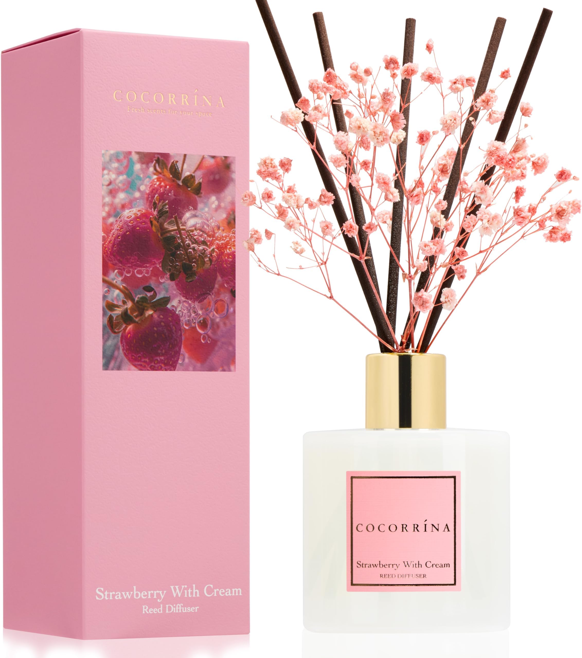 Reed Diffuser - Strawberry with Cream 6.7 fl oz Reed Diffuser with Sticks, Home Bedrrom Bathroom Shelf Decor
