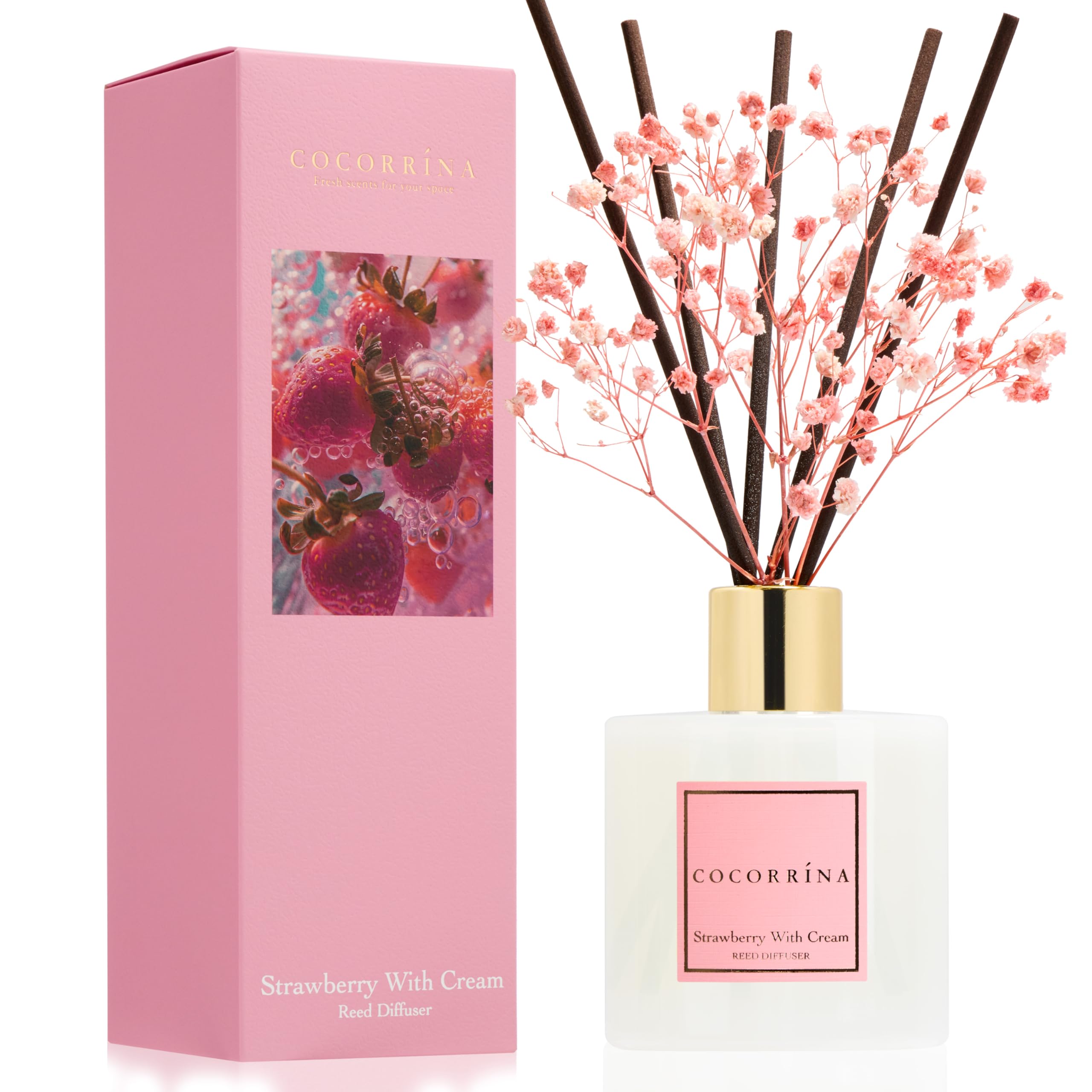 COCORRÍNA Reed Diffuser - Strawberry with Cream 6.7 fl oz Reed Diffuser with Sticks, Home Bedrrom Bathroom Shelf Decor
