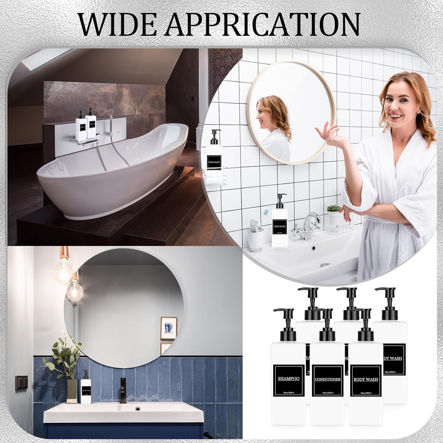 Tanlade 6 Pcs Shampoo and Conditioner Dispenser Bottles 16oz Modern Shower Soap Bottles with Pump, Labels and Marker Pen Easy to Refill Body Wash Dispensers for Home Bathroom Decoration (White) - Image 6