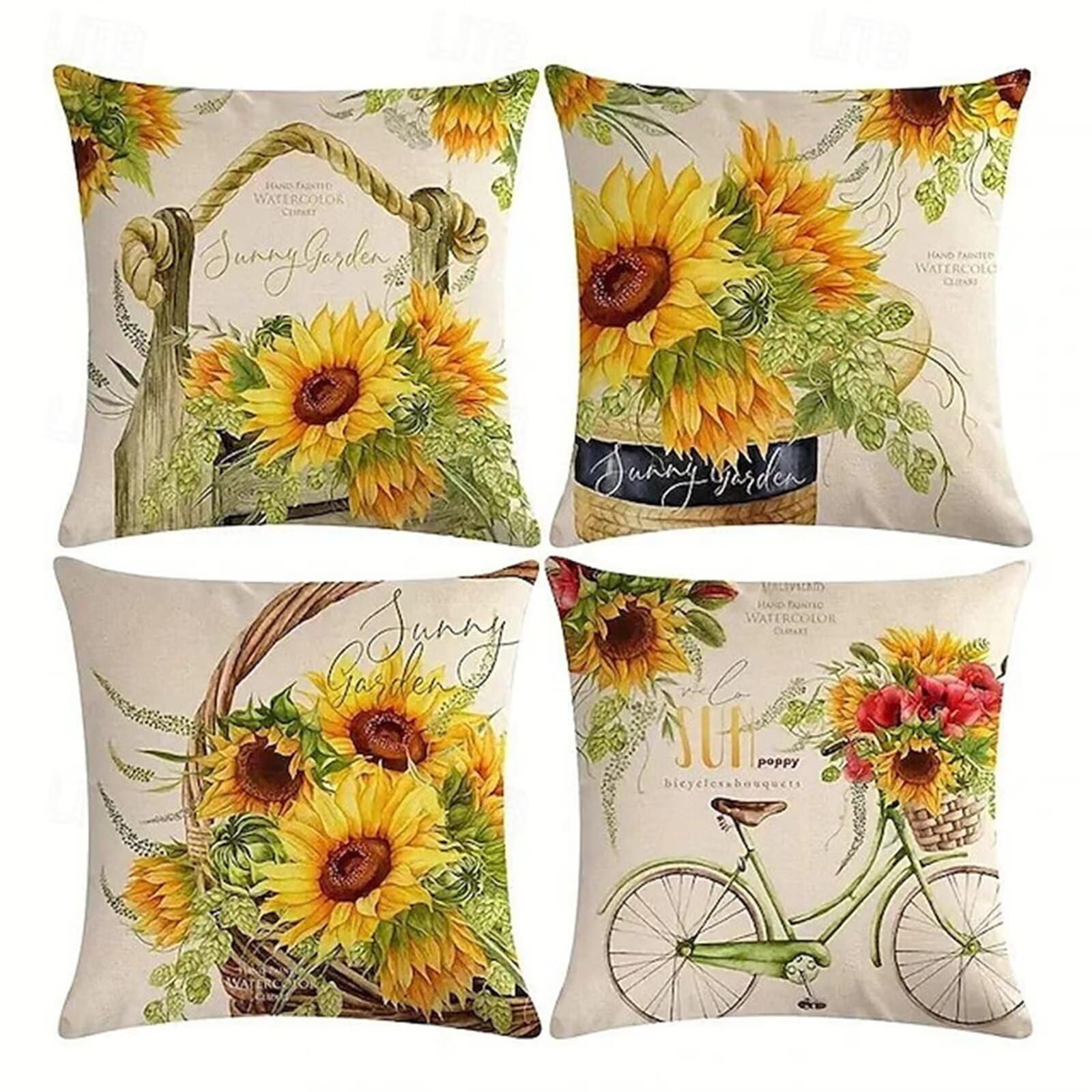 Housse de coussin 40x40 cm lot de 4 tournesol en lin pour canapé