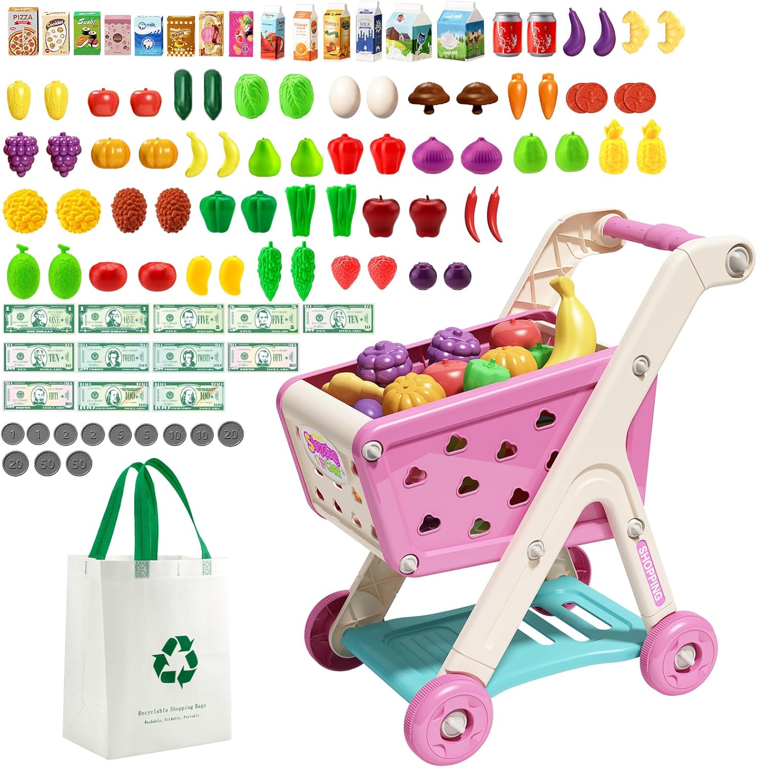 102pcs Kids Shopping Cart Trolley Play Set with Pretend Food and Accessories,Perfect for Ages 3+ Pretend Play and Role-Playing Games (Red)