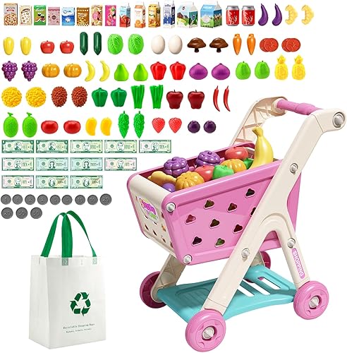 Juego de carrito de compras para niños de 98 piezas con comida de simulación y accesorios, perfecto para juegos de simulación y juegos de rol (rojo