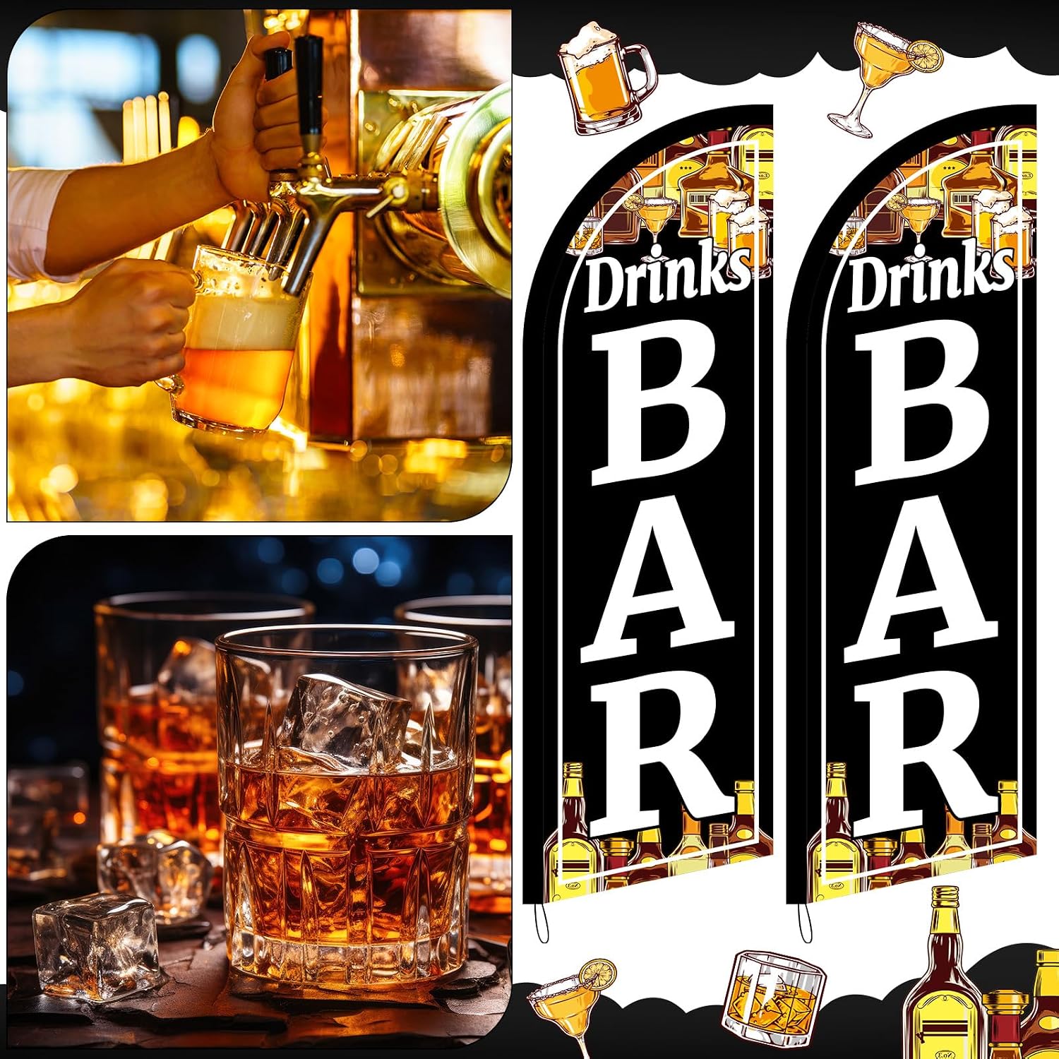 Mindsoft 2 Pack Bar Drinks Feather Flag 8.2 Feet Tall Advertising Swooper Flag Banner Stand Signs with Pole and Ground Stake for Outdoor Business Market Store