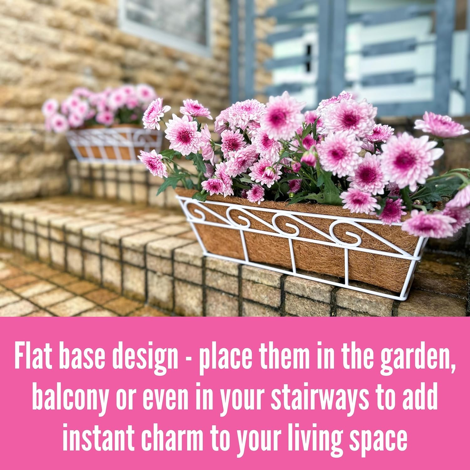 LaLaGreen Wall Mounted Planters (16 Inch, 2 Pack) Window Flower Boxes Basket Outdoor, Balcony Planter Over the Rail, Deck Railing Hanging with Coco Liners, White Metal Horse Troughs Fence Patio Porch